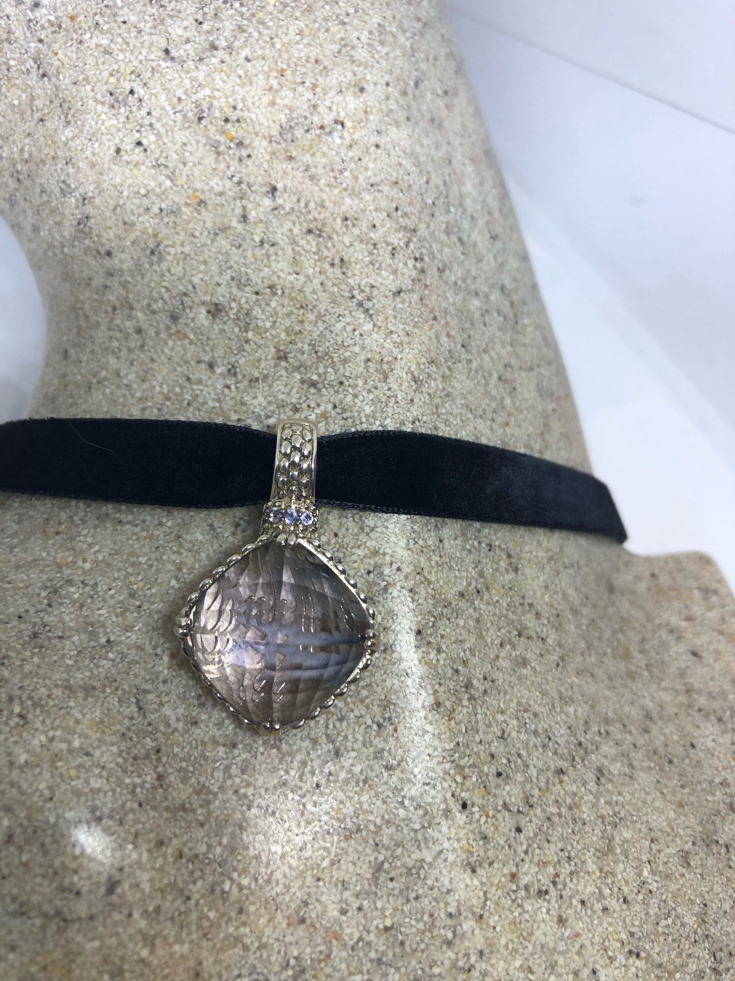 Vintage Rose Quartz Choker 925 Sterling Silver Pendant Necklace