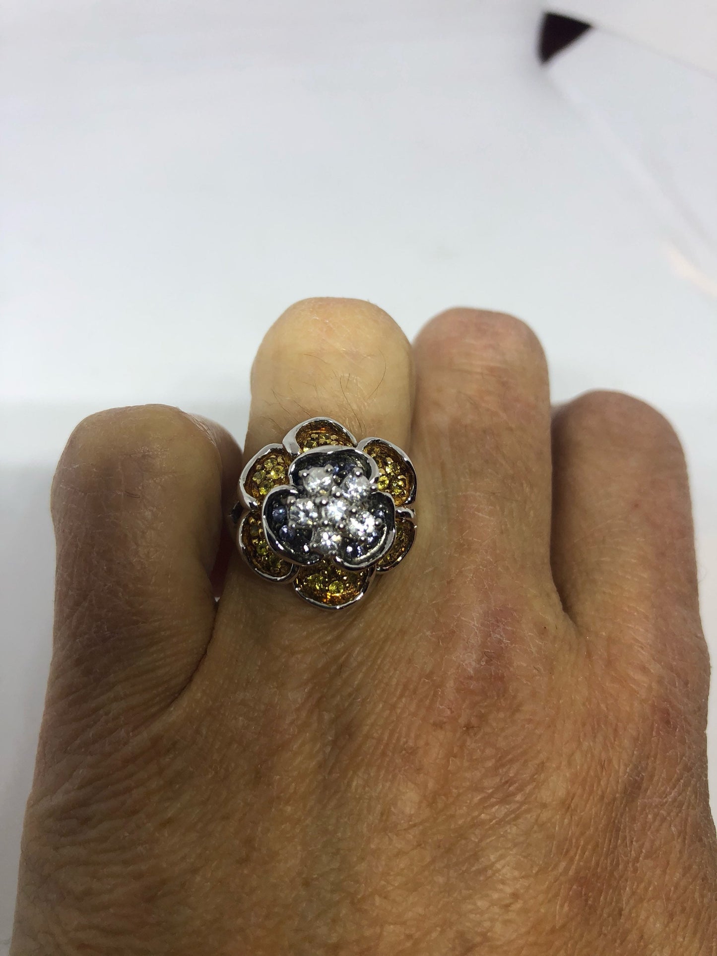 Vintage Handmade White Sapphire and Citrine Rose 925 Sterling Silver Gothic Ring