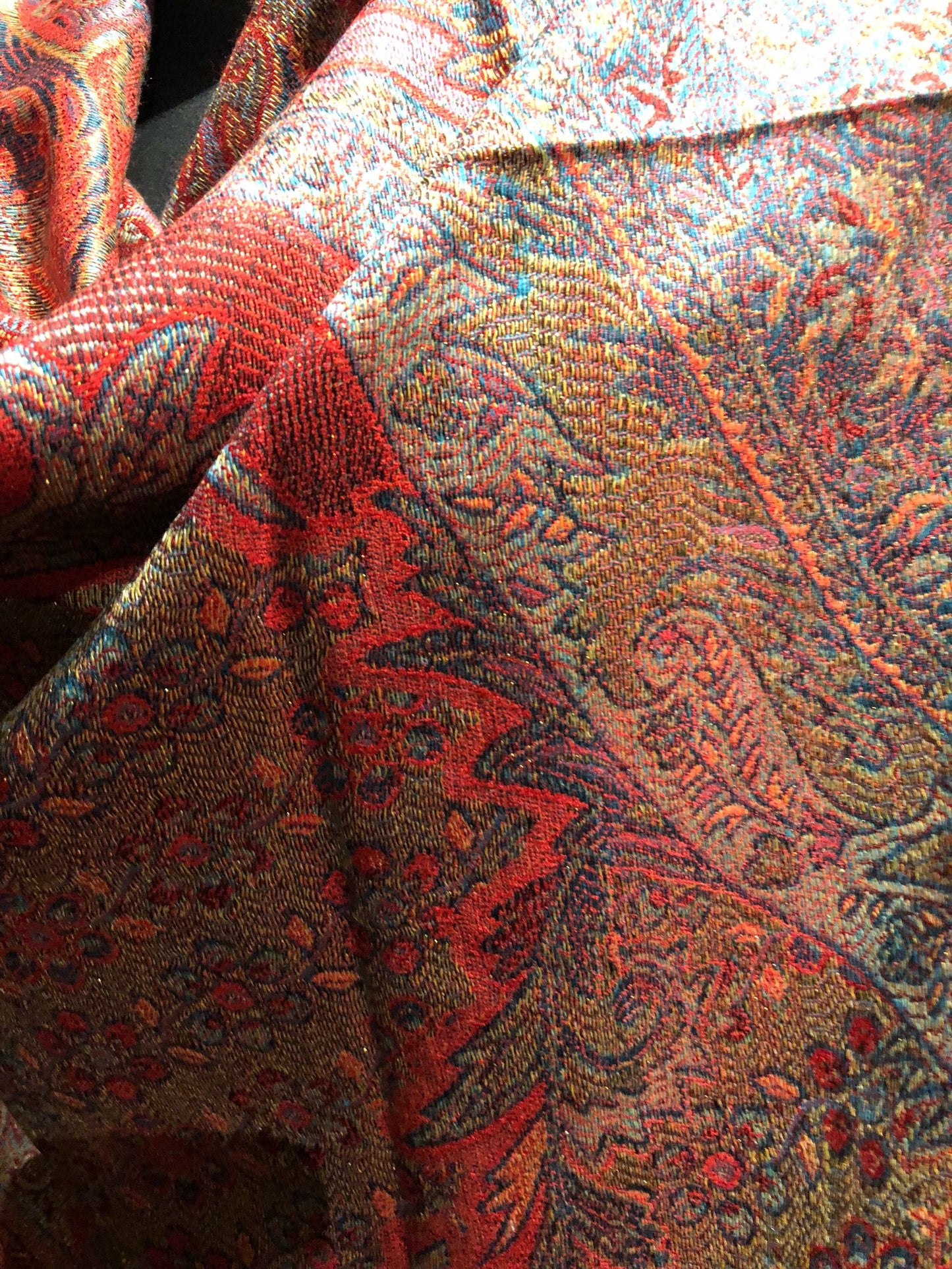 Vintage Red Metallic Gold Paisley Brocade Pashmina Scarf Wrap
