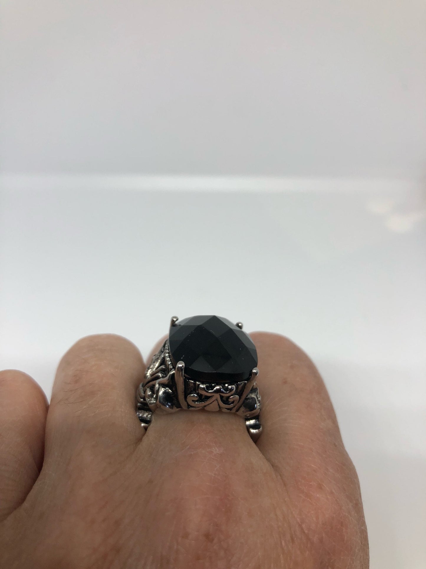 Vintage Gothic Black faceted jet Stainless Steel Mens Ring