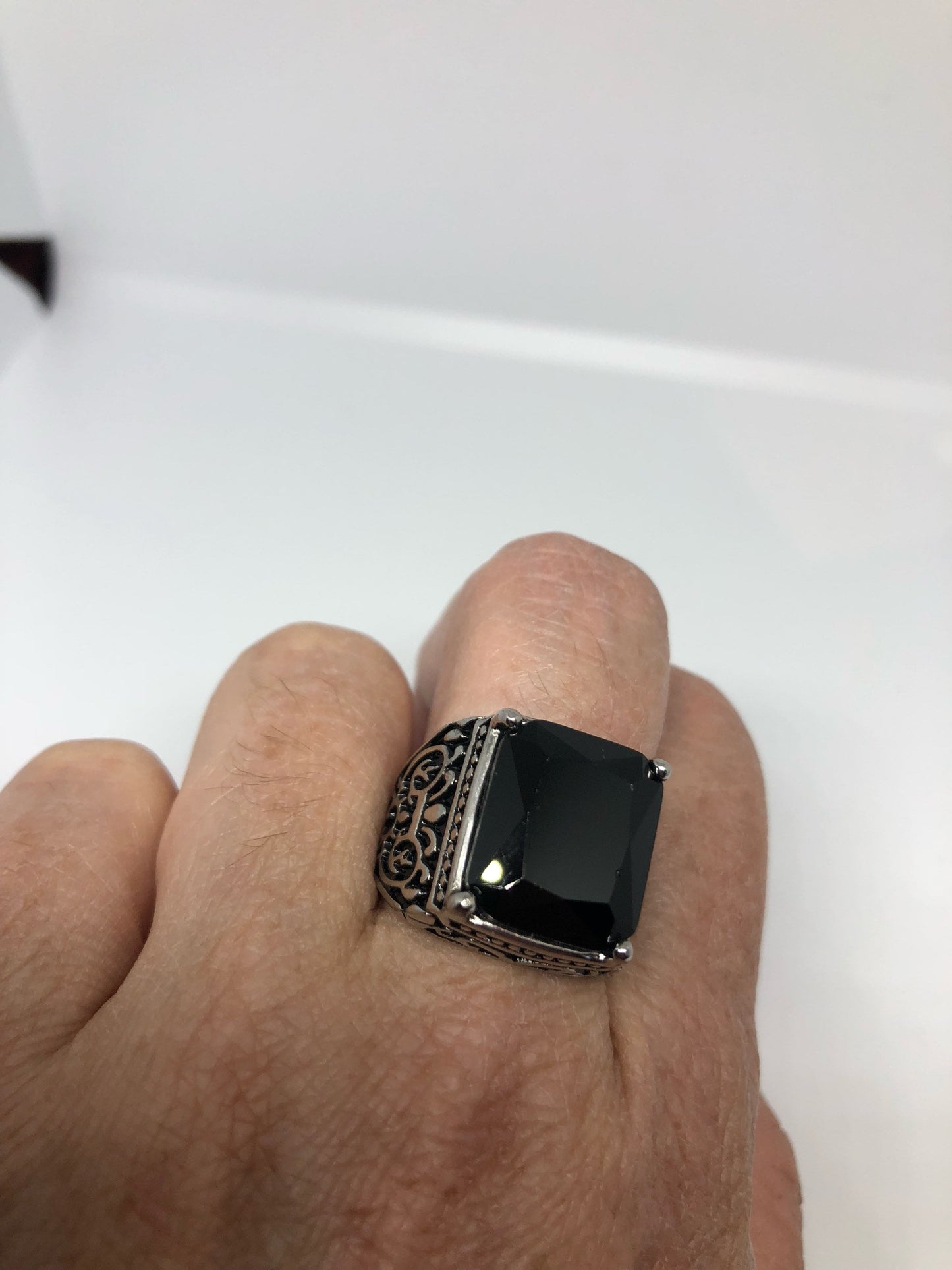 Vintage Gothic Black faceted jet Stainless Steel Mens Ring