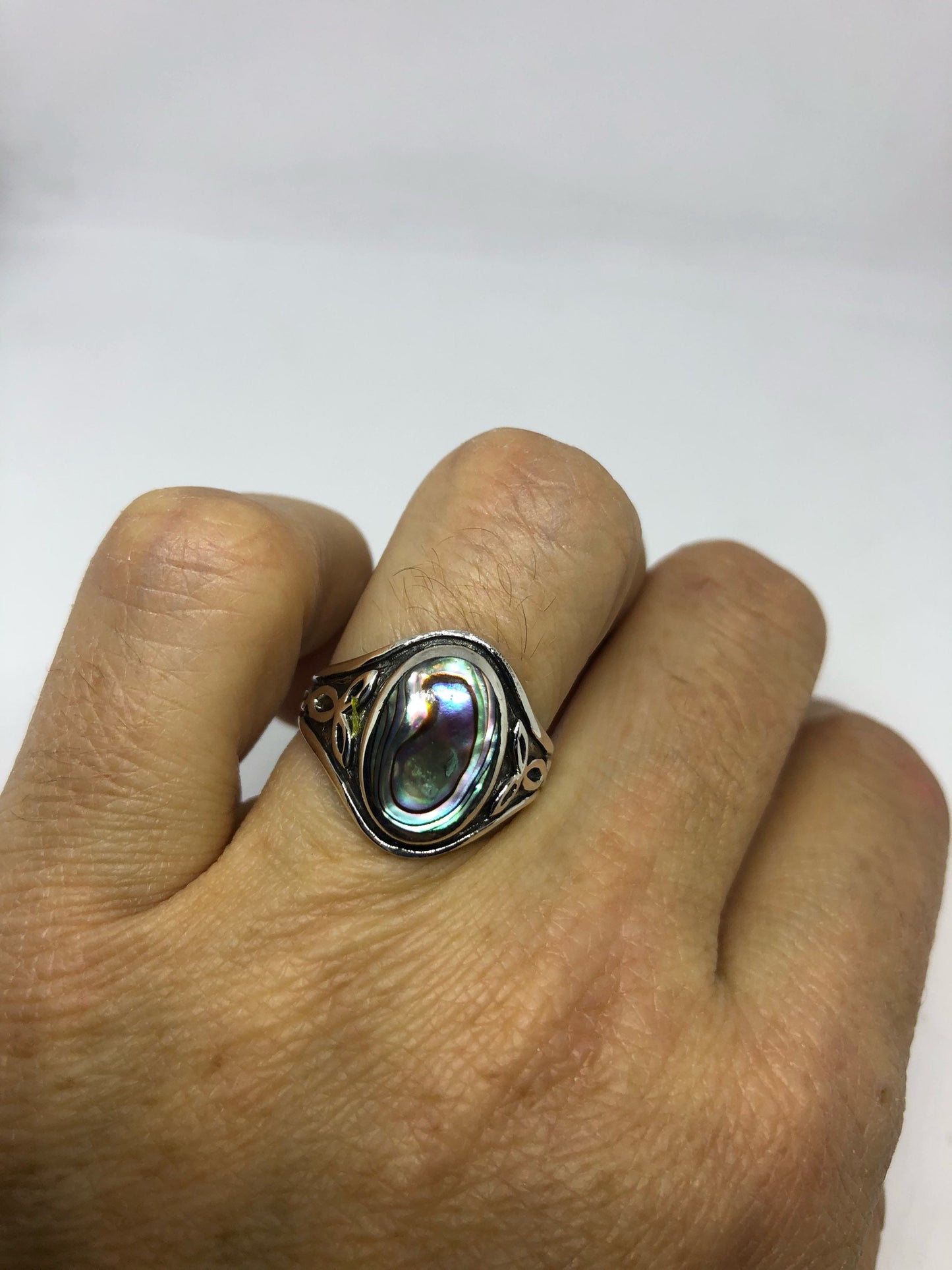 Antique Green Abalone Celtic Knot Filigree Sterling Silver Ring