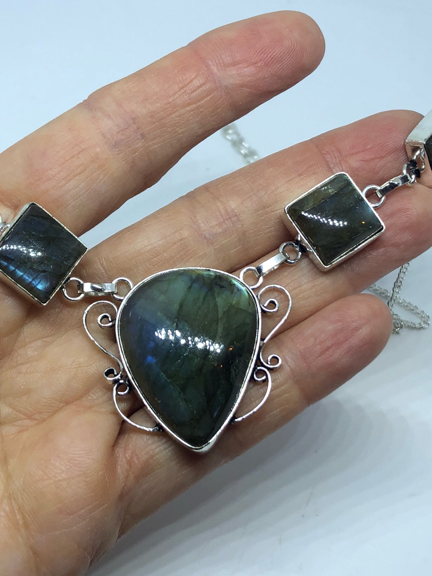 Vintage Green Labradorite Silver Necklace Choker