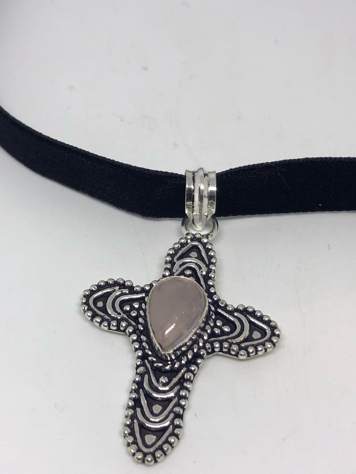 Vintage Handmade Silver Finish Rose Quartz Cross Choker Pendant