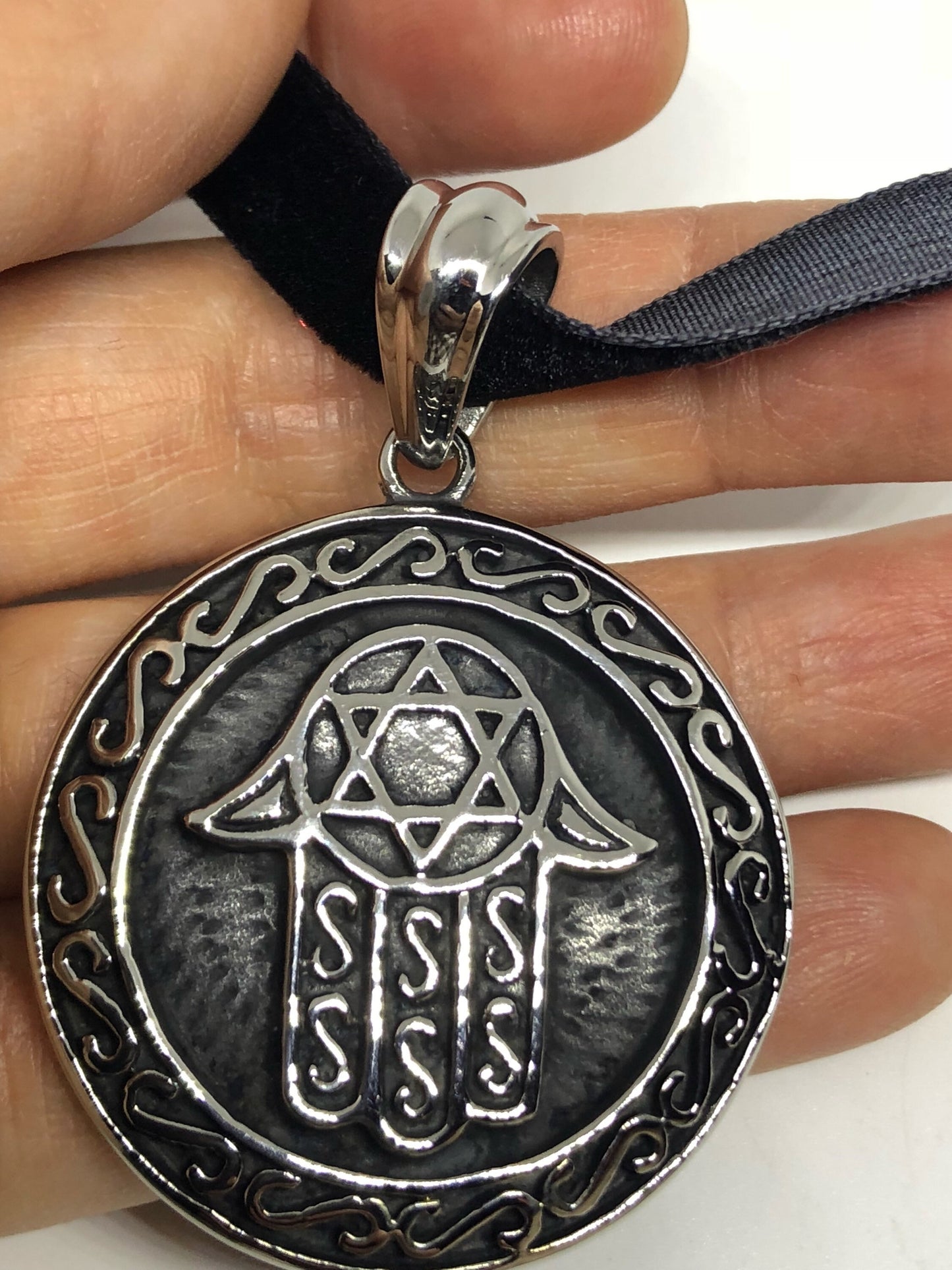 Vintage Handmade Stainless Steel Hamsa Hand Star of David Amulet Pendant
