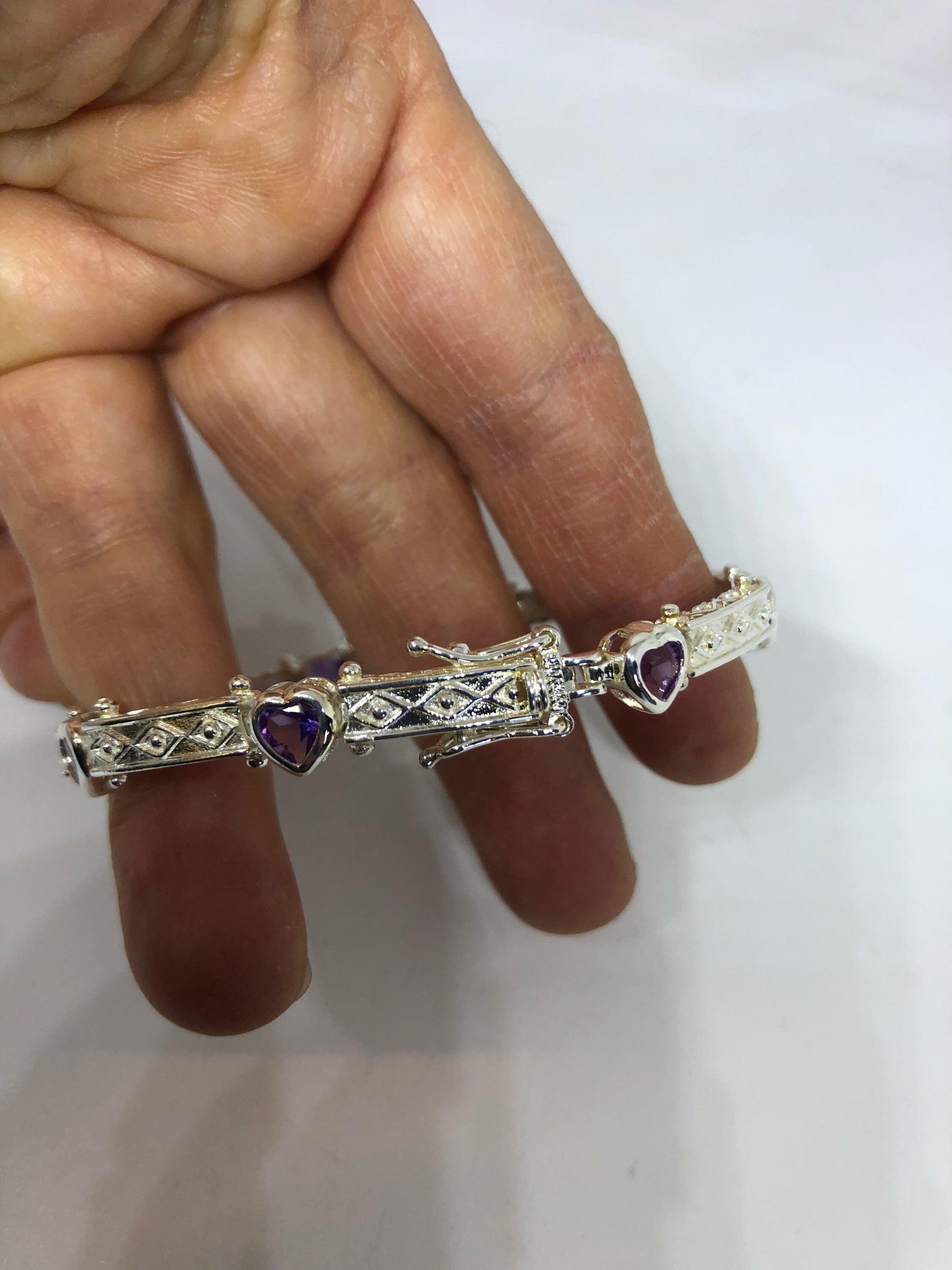 Vintage Purple Amethyst Bracelet Heart 925 Sterling Silver Tennis