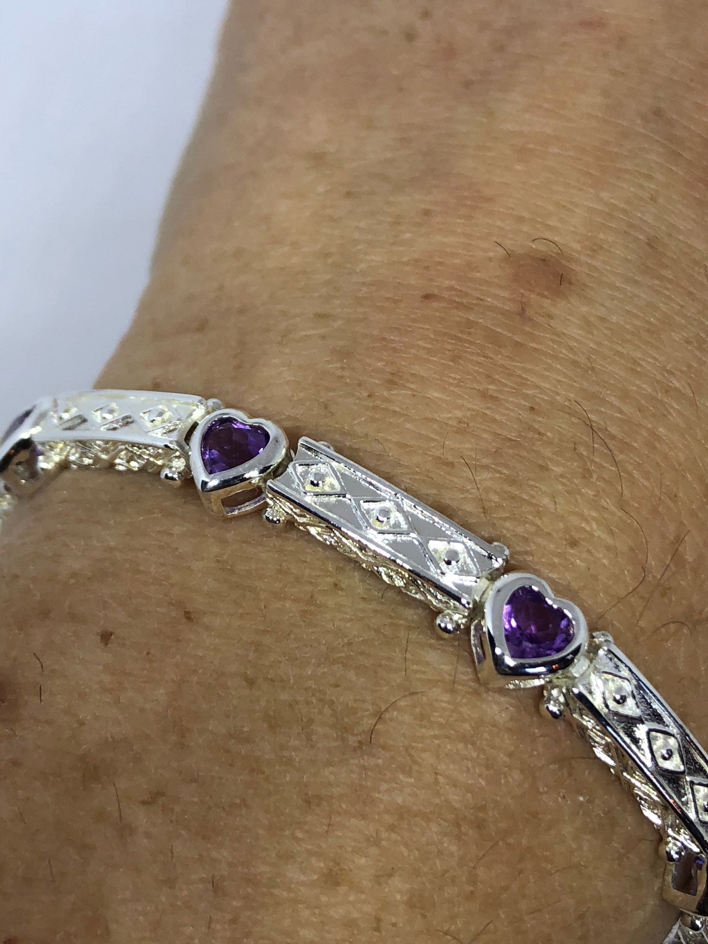 Vintage Purple Amethyst Bracelet Heart 925 Sterling Silver Tennis