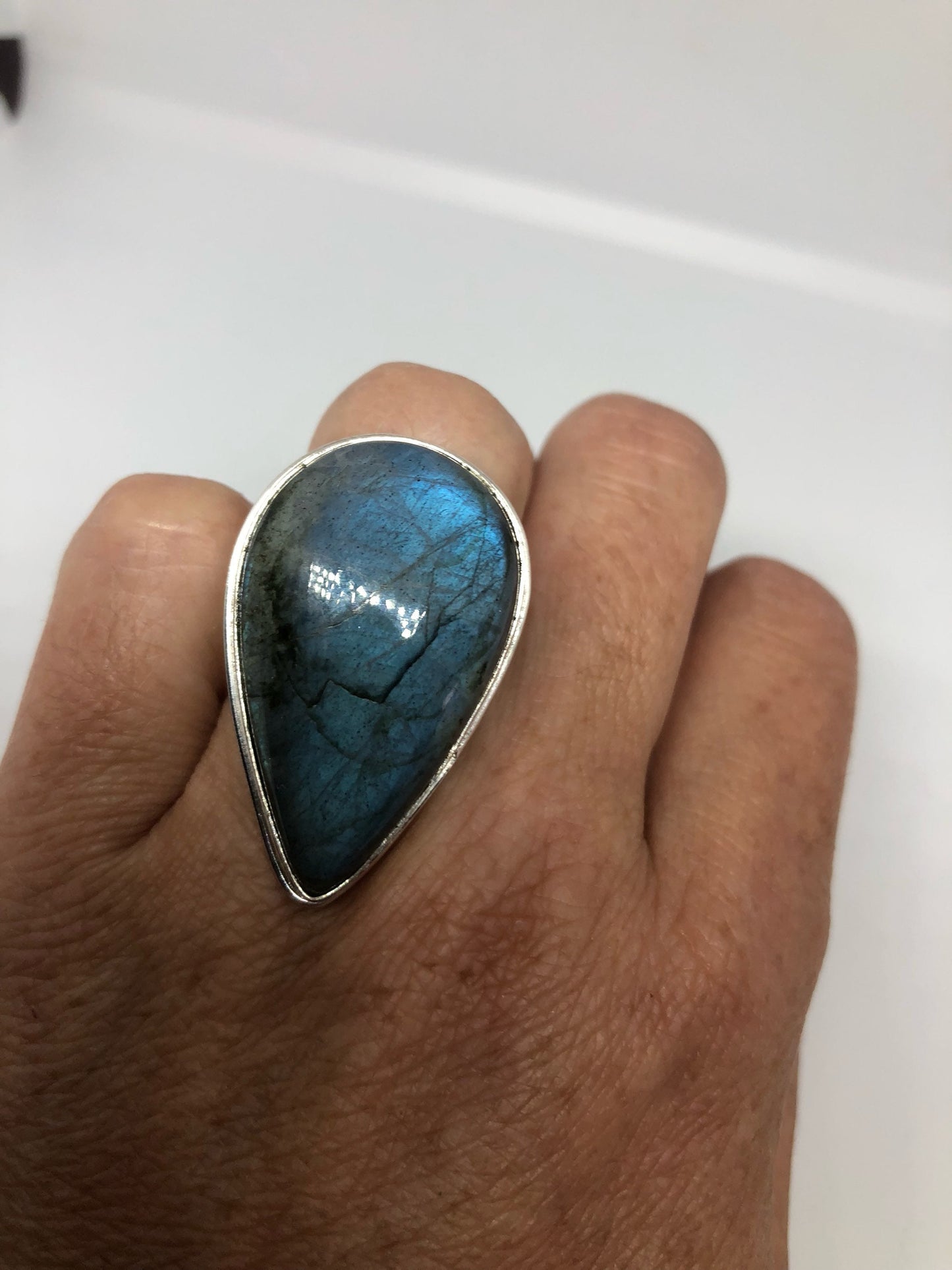 Vintage Large Labradorite Rainbow Moonstone Stone Silver Ring