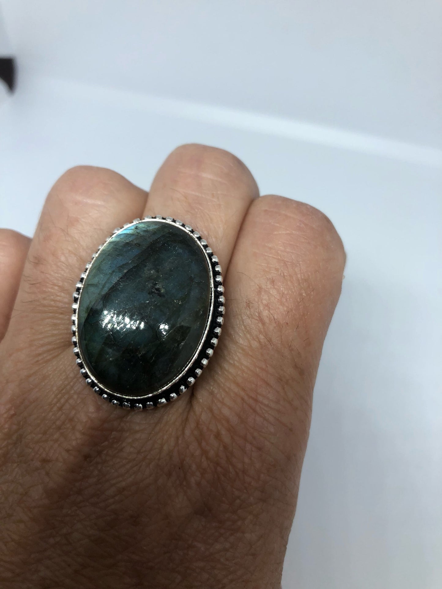 Vintage Large Labradorite Rainbow Moonstone Stone Silver Ring