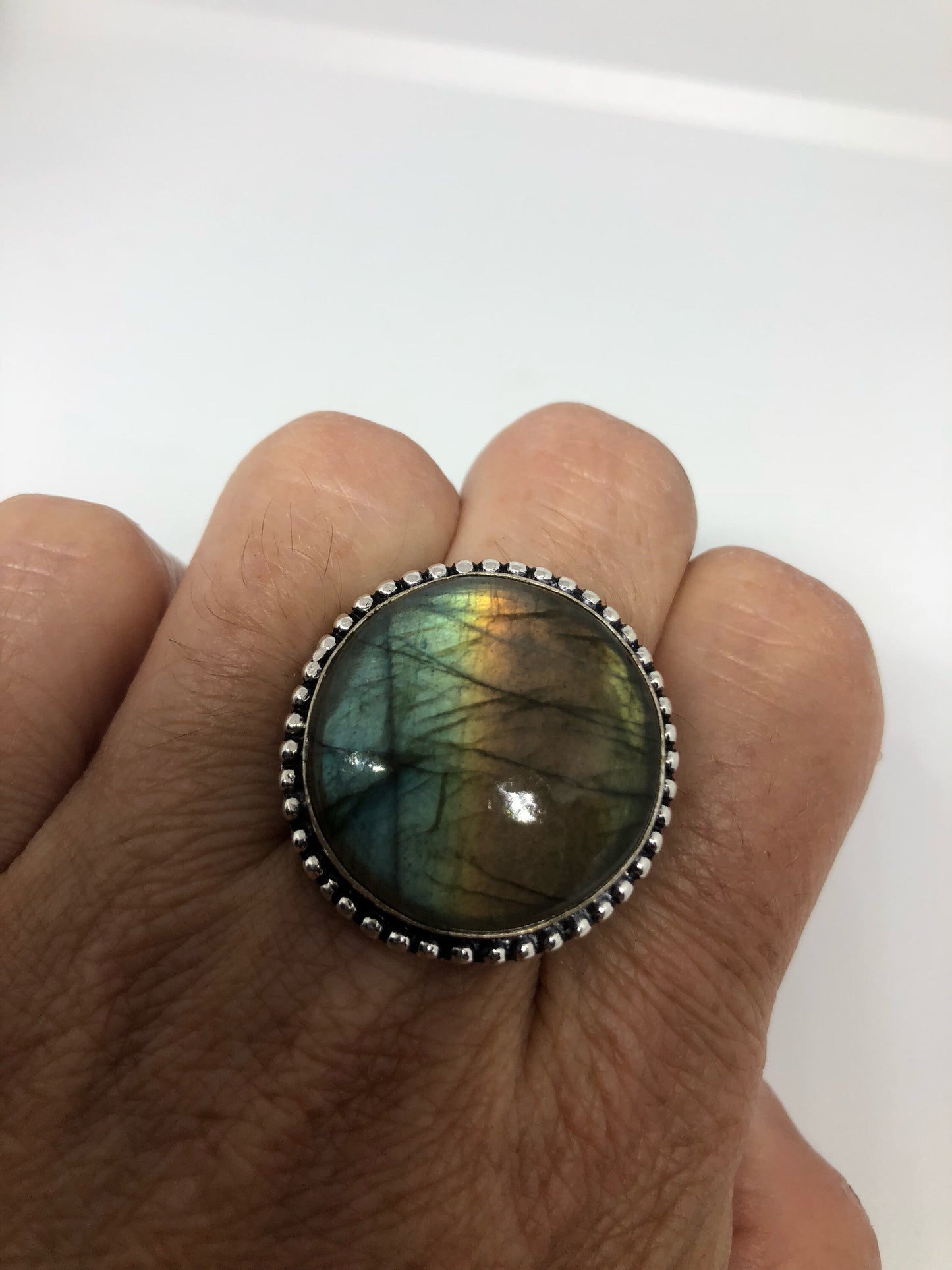 Vintage Large Labradorite Rainbow Moonstone Stone Silver Ring