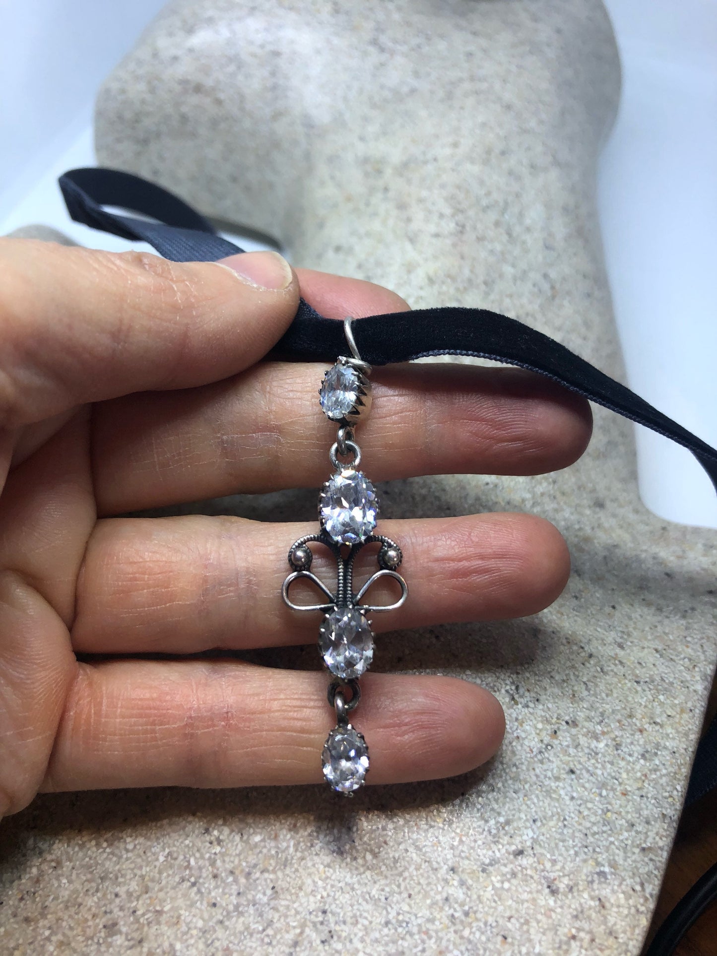 Vintage Handmade 925 Sterling Silver Clear Quartz White Sapphire Pendant