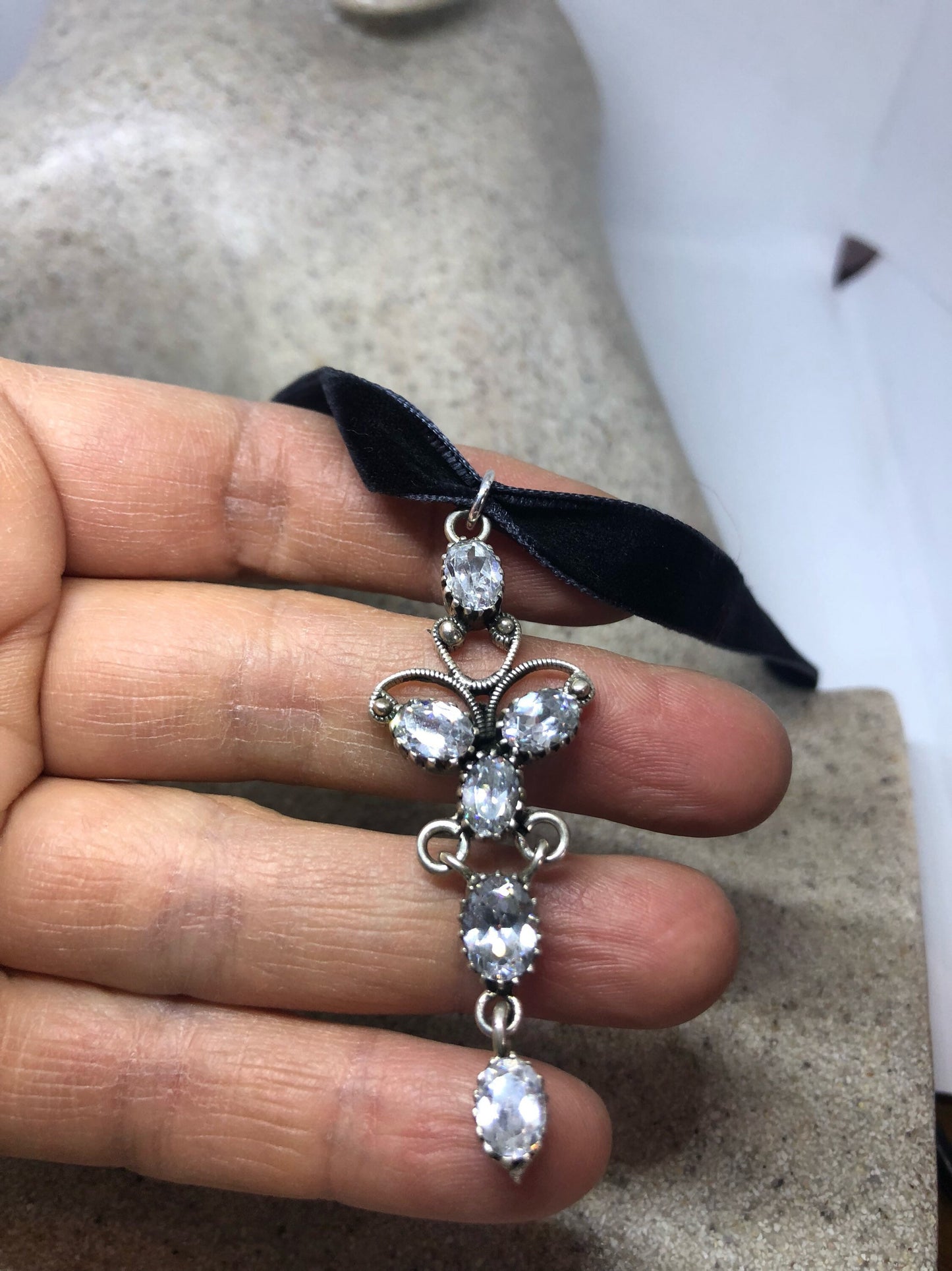 Vintage Handmade 925 Sterling Silver Clear Quartz White Sapphire Pendant