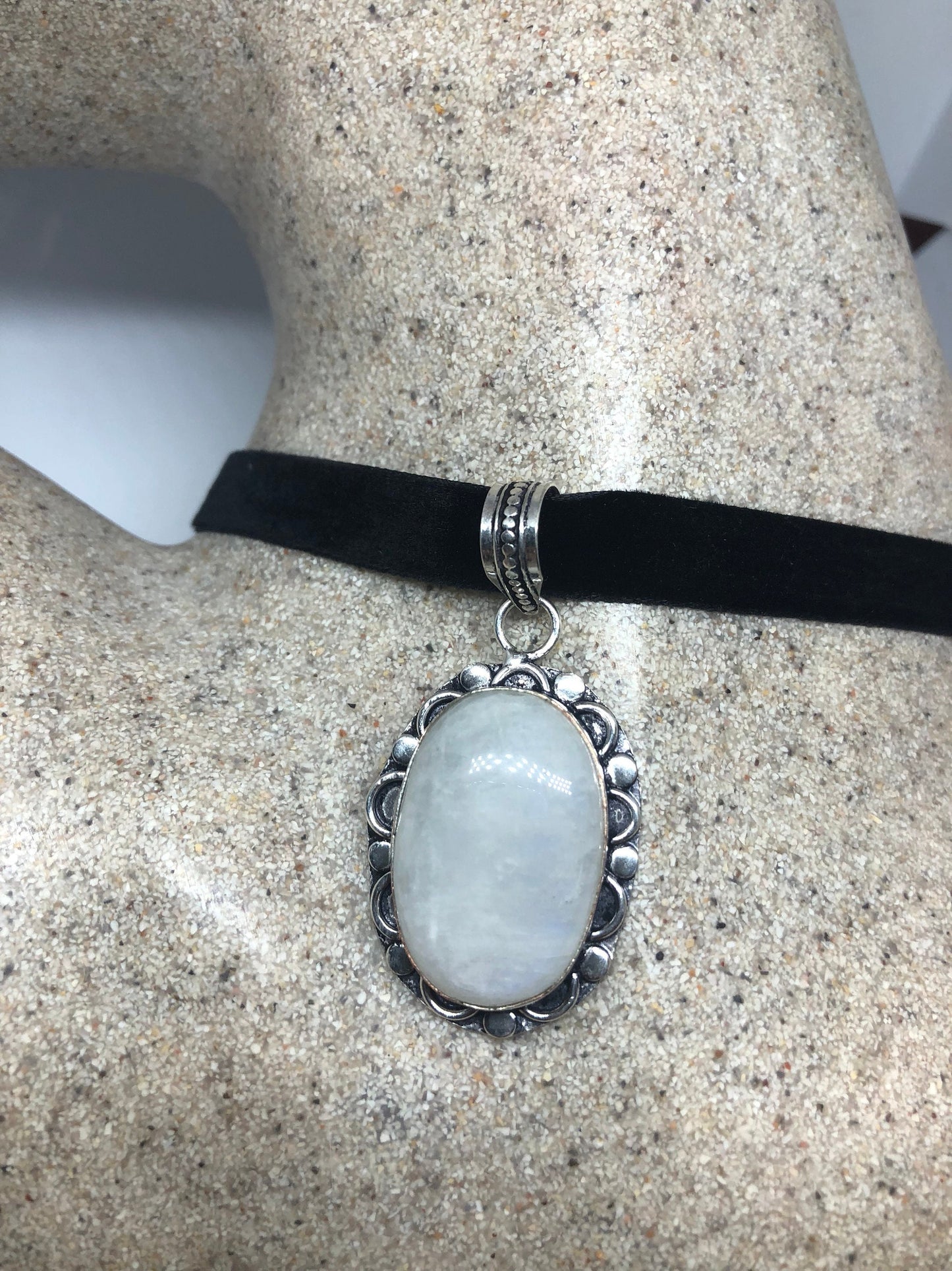 Large Handmade Vintage Engraved Repose Brass Rainbow Moonstone Pendant