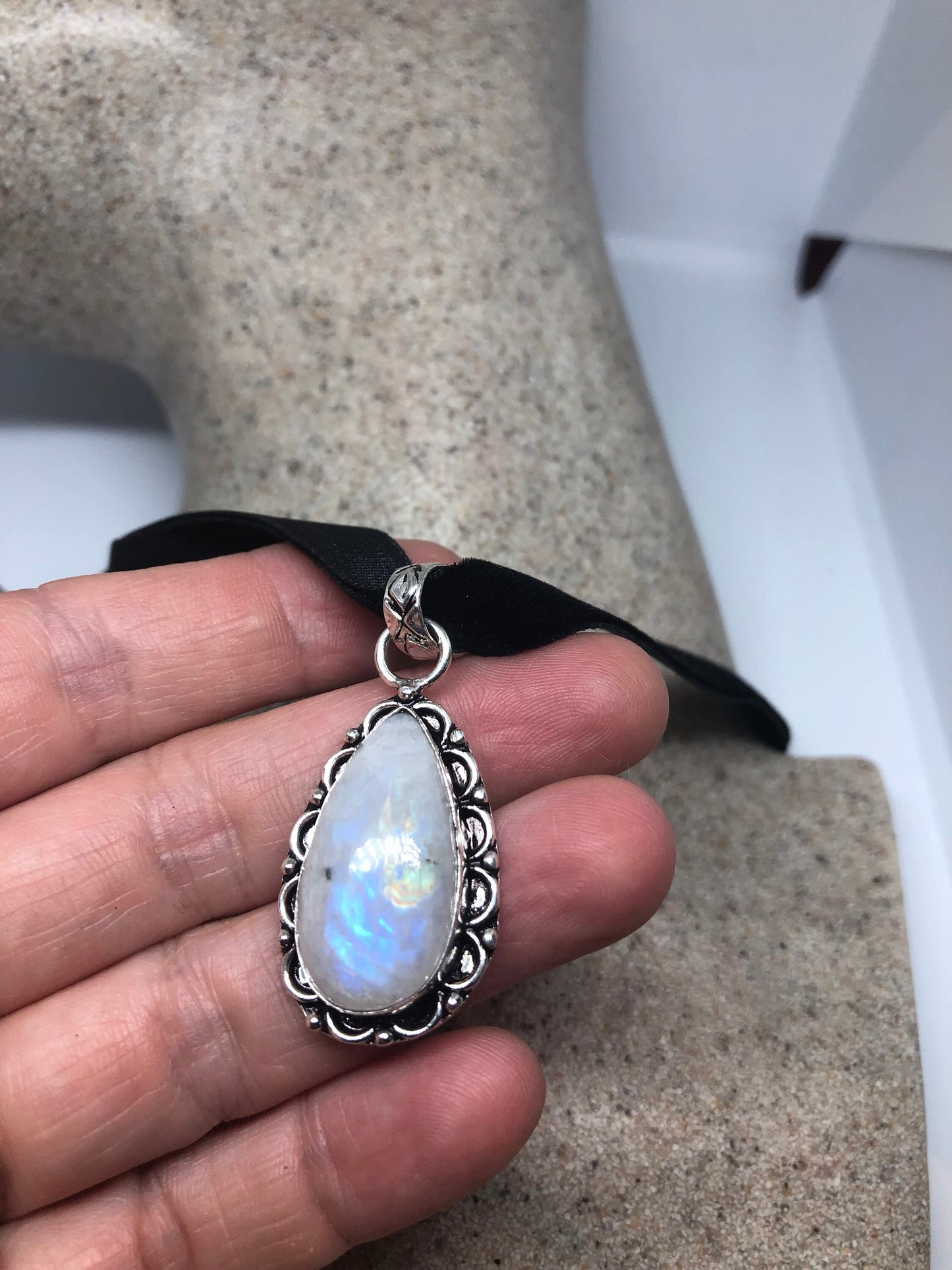 Large Handmade Vintage Engraved Repose Brass Rainbow Moonstone Pendant
