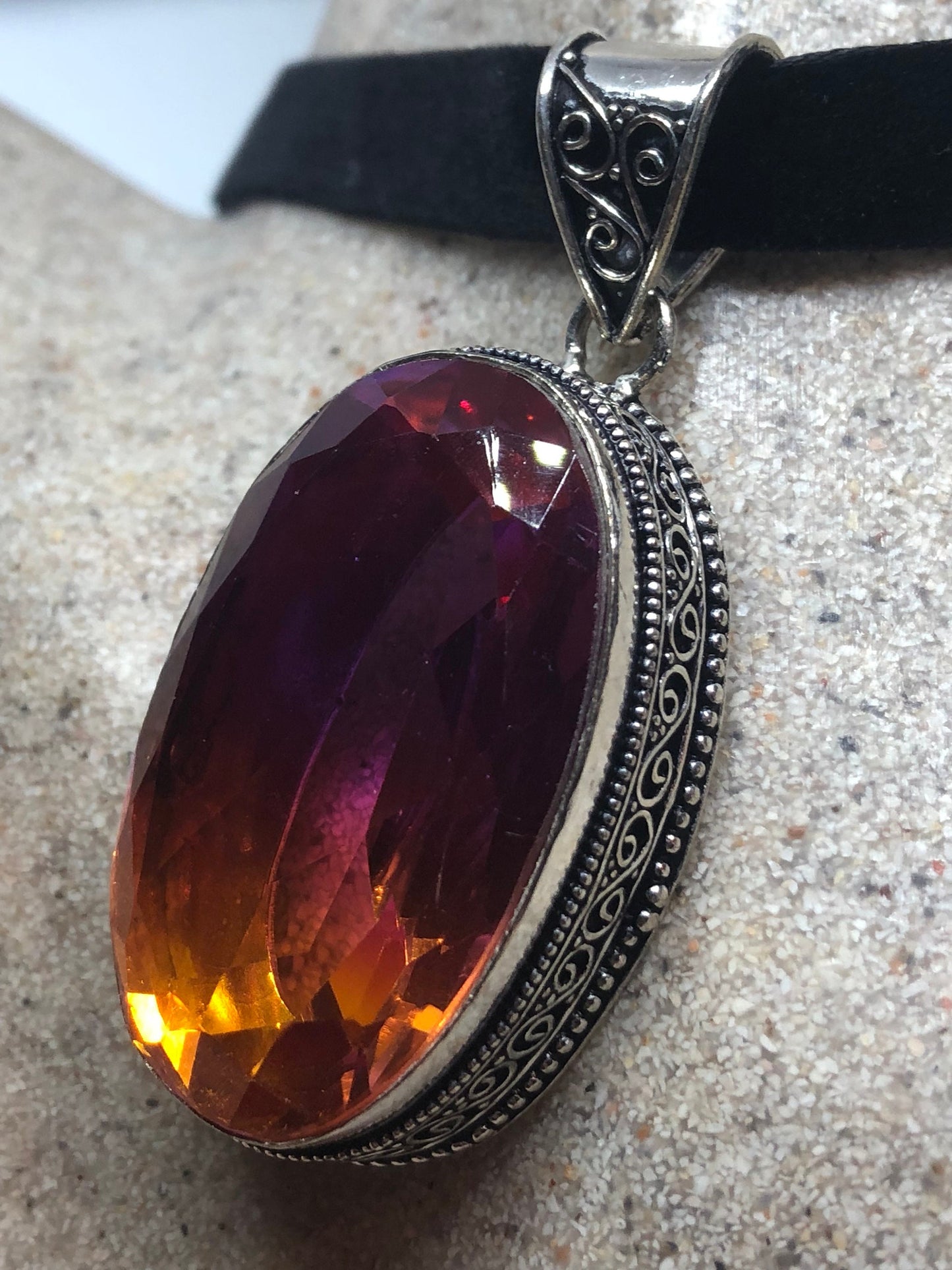 Blue Handmade Gothic Styled Silver Finished Genuine Facetted Antique Volcanic Glass Choker Necklace