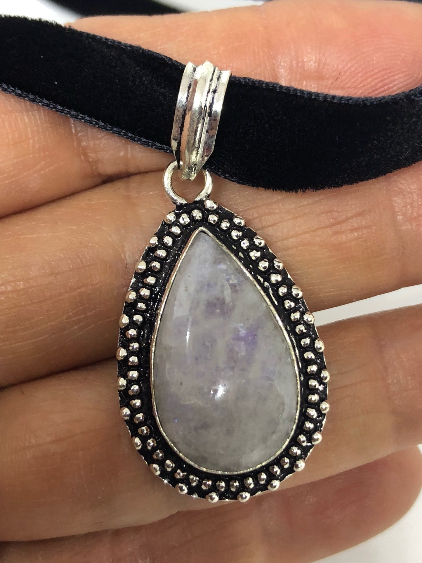 Vintage Rainbow Moonstone Choker White Bronze Pendant