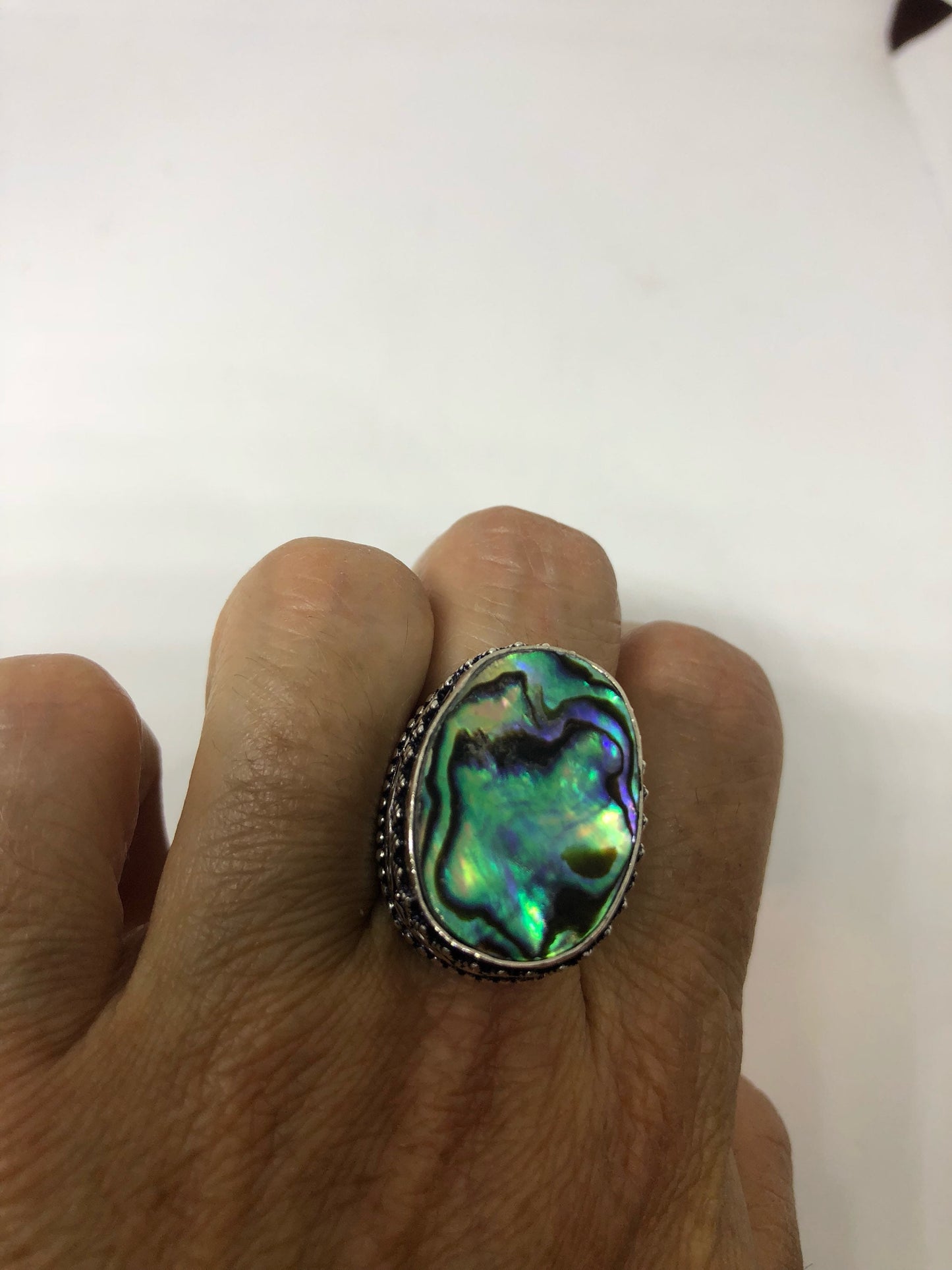 Antique Green Abalone White Bronze Silver Ring