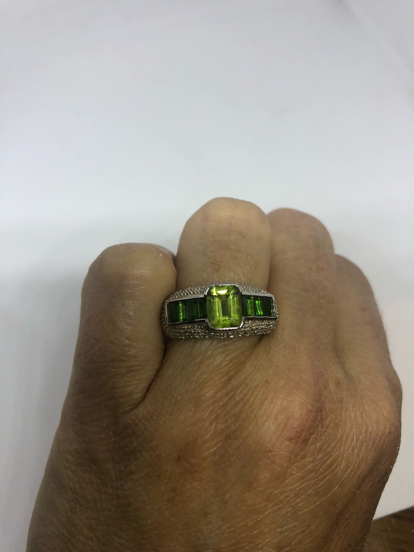 Vintage Handmade green Chrome Diopside and Peridot Filigree setting Sterling Silver Gothic Ring