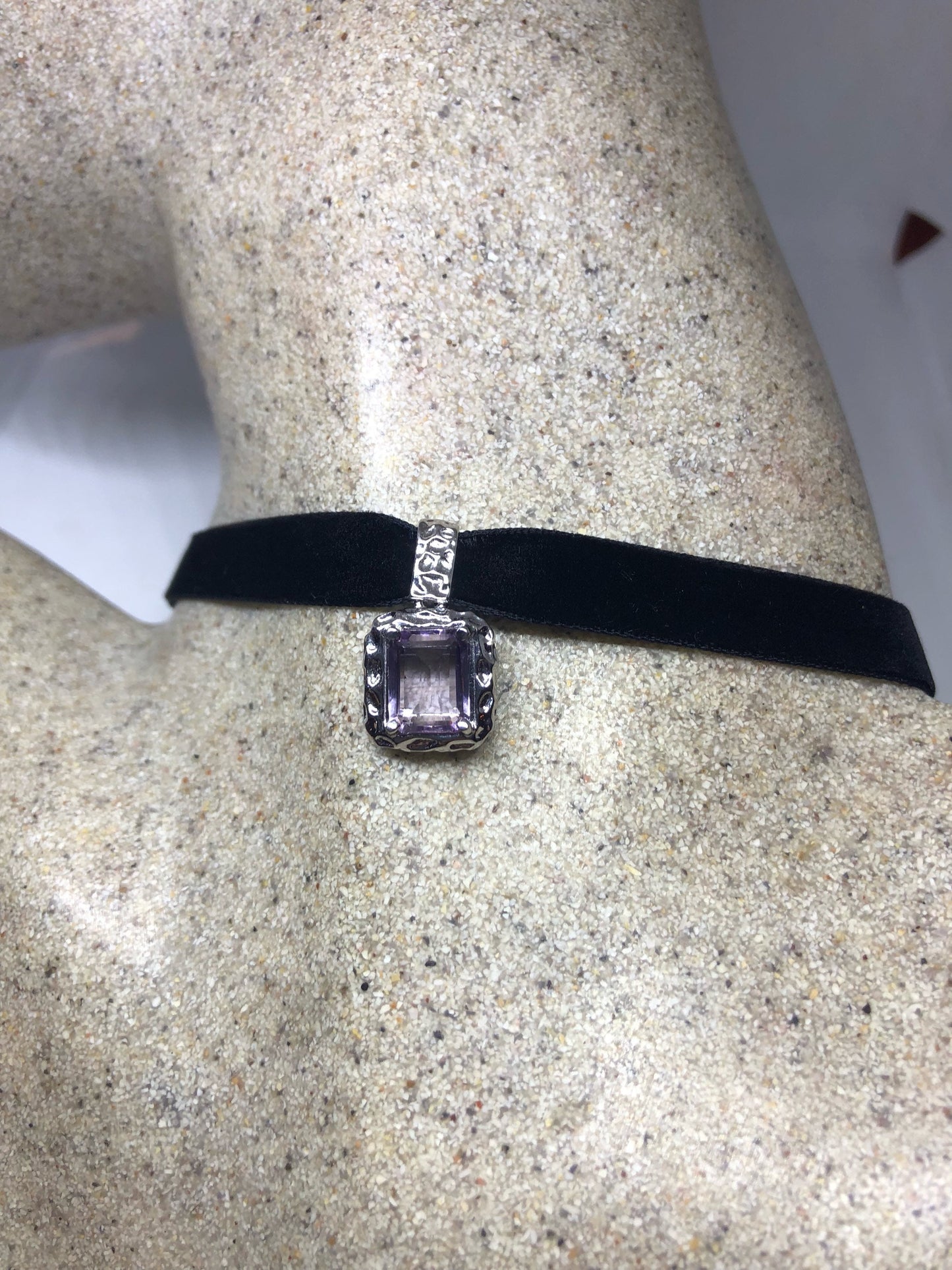 Vintage Purple Amethyst Choker 925 Sterling Silver Pendant