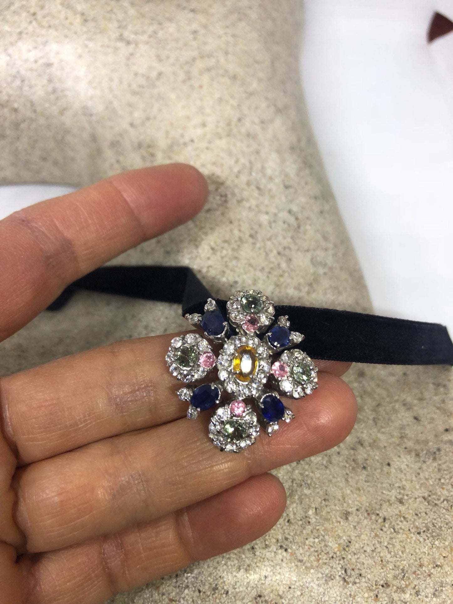 Vintage Handmade 925 Sterling Silver Genuine Mixed Colored Gemstone Antique Pendant Necklace