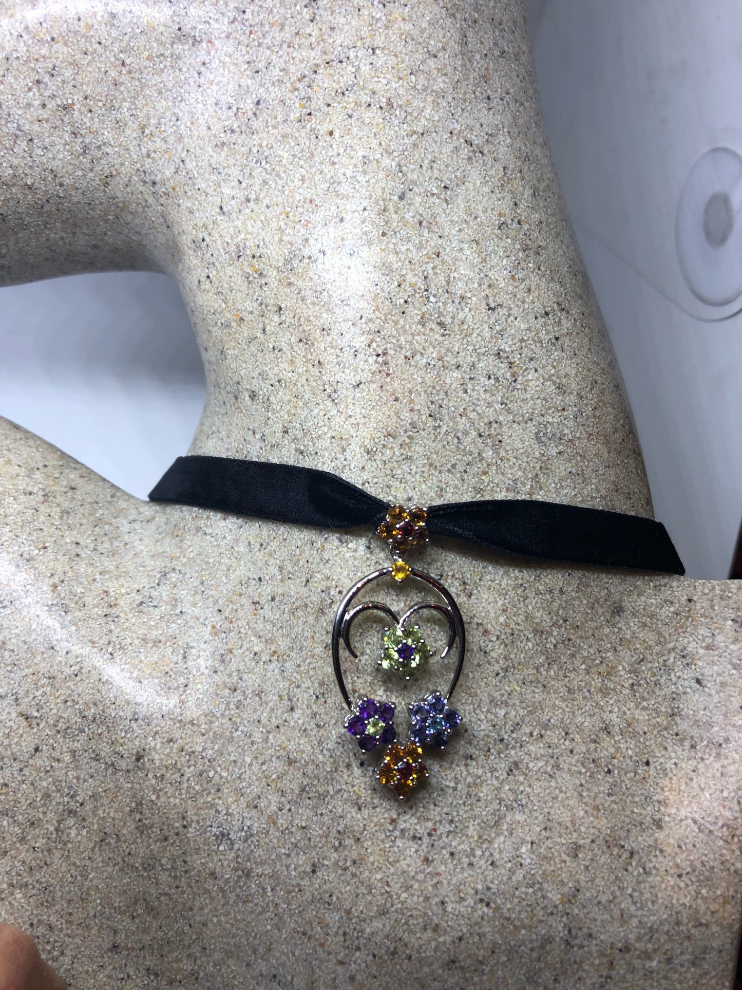 Vintage Handmade 925 Sterling Silver Genuine Mixed Colored Gemstone Antique Pendant Necklace