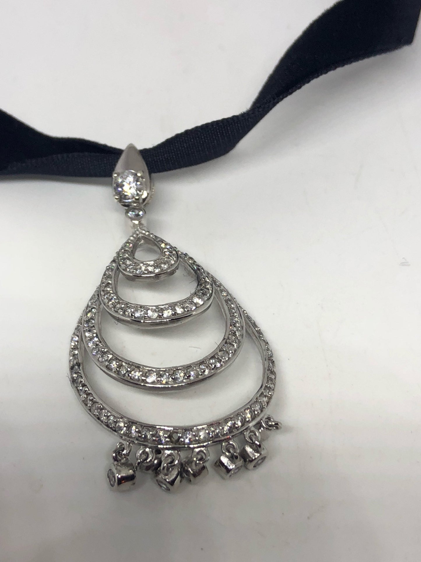 Vintage Real White Sapphire 925 Sterling Silver Deco dangle Pendant Necklace