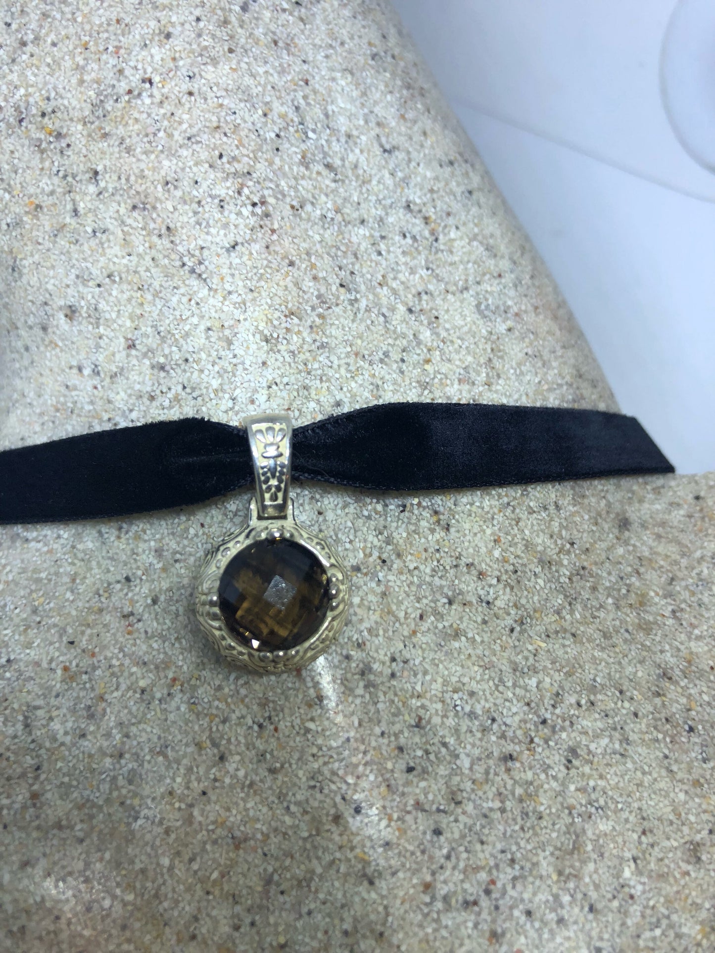 Vintage Smoky Quartz Pendant 925 Sterling Silver Choker Necklace