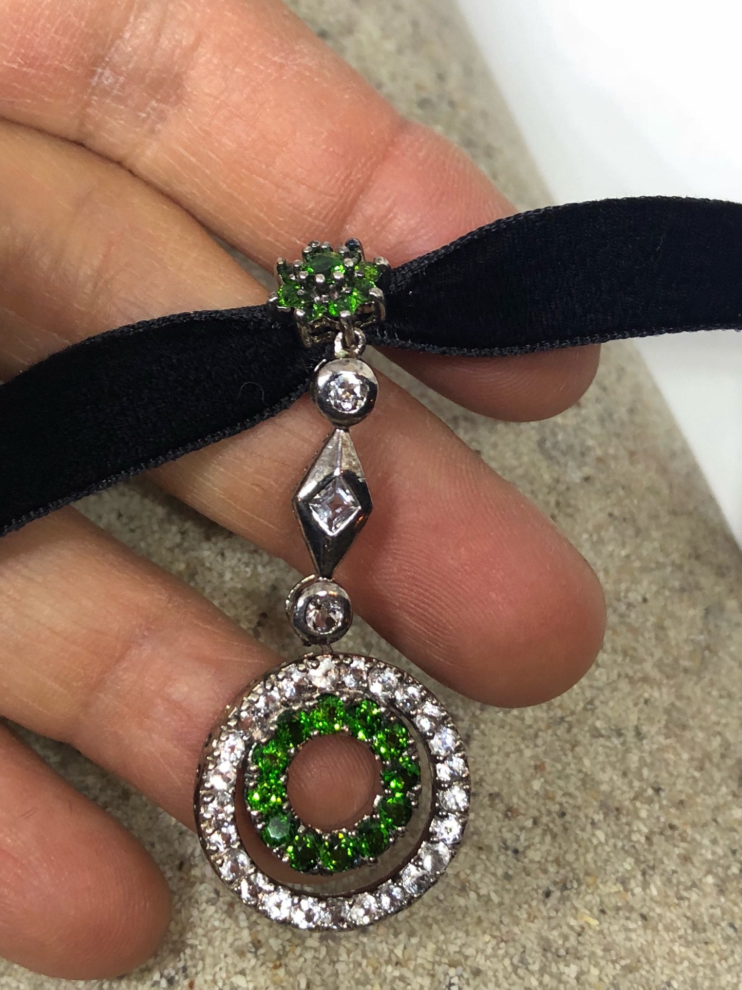 Vintage Green Choker Deco Chrome Diopside 925 Sterling Silver Pendant Necklace