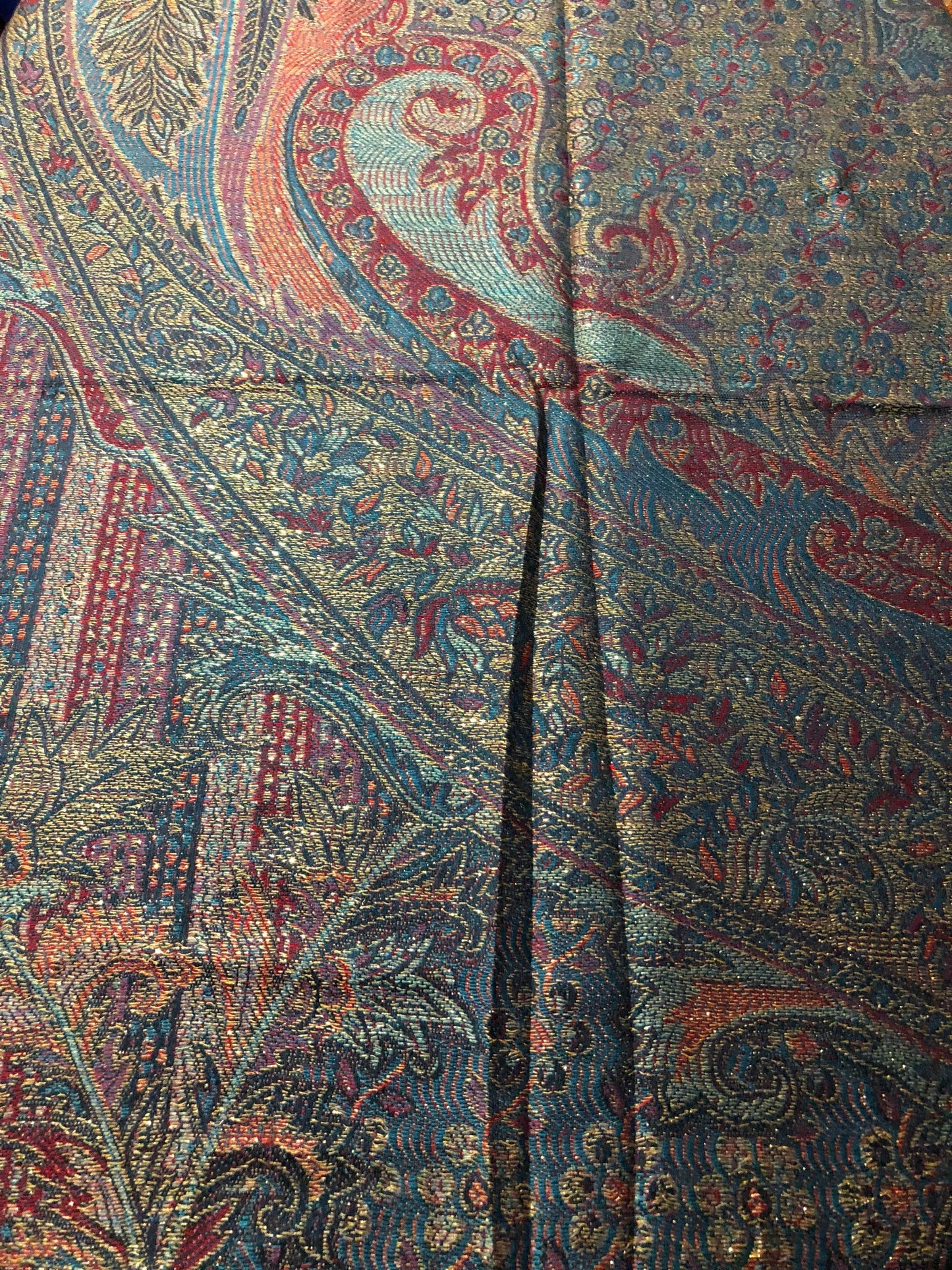 Vintage Pink Turquoise Metallic Gold Paisley Brocade Pashmina Scarf Wrap