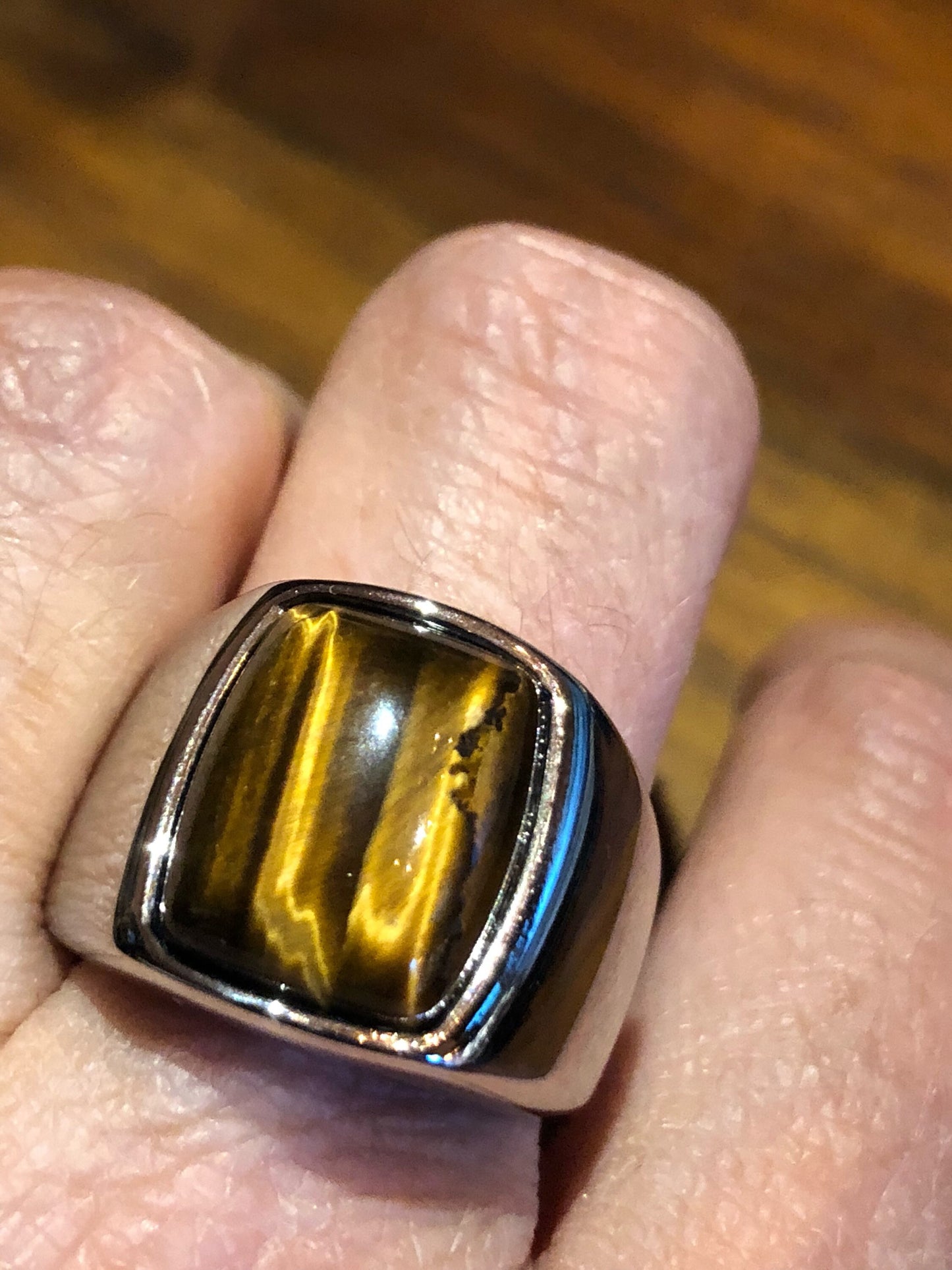 Vintage Gothic Stainless Steel Genuine Tigers Eye Mens Ring