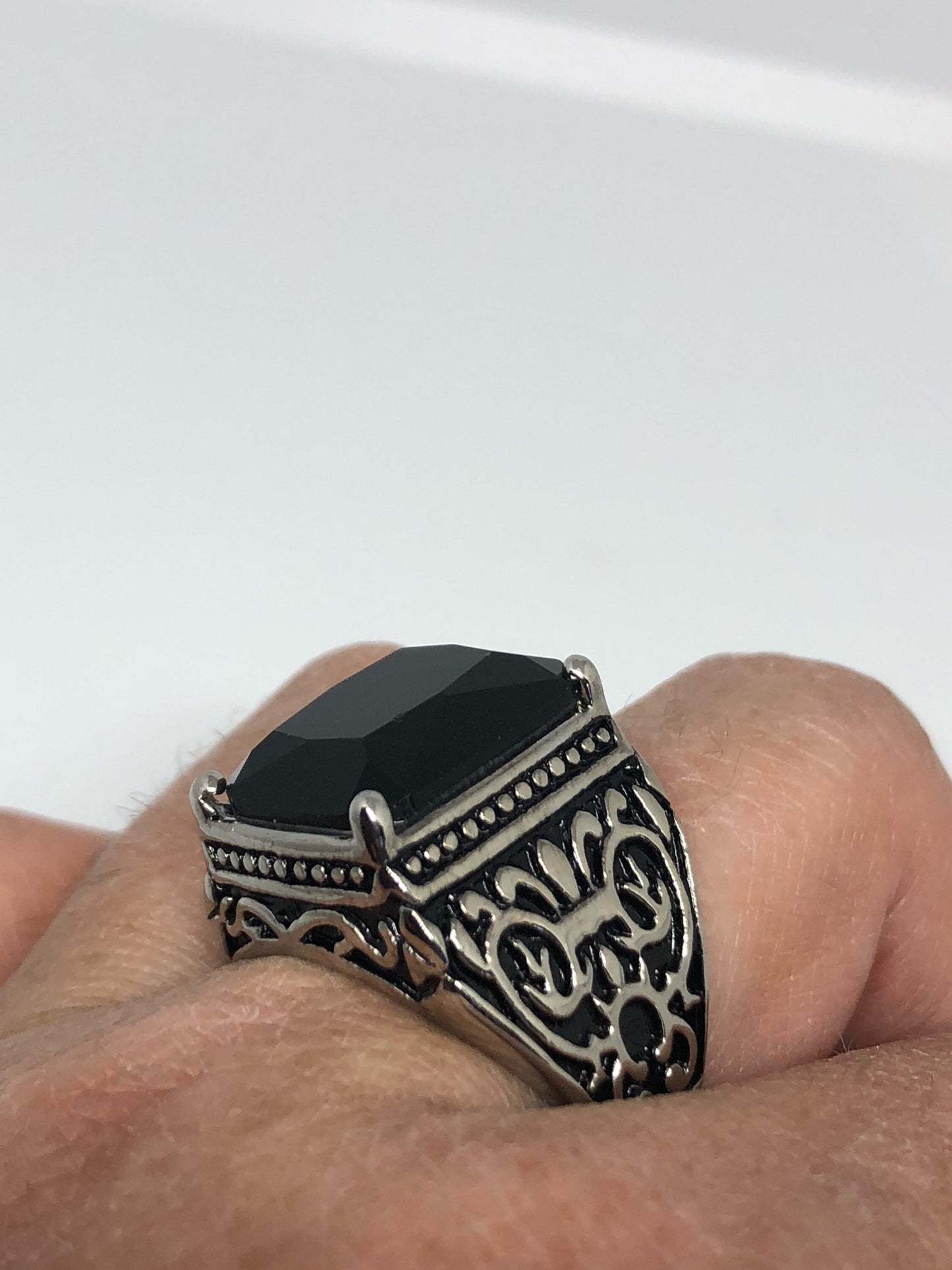 Vintage Gothic Black faceted jet Stainless Steel Mens Ring