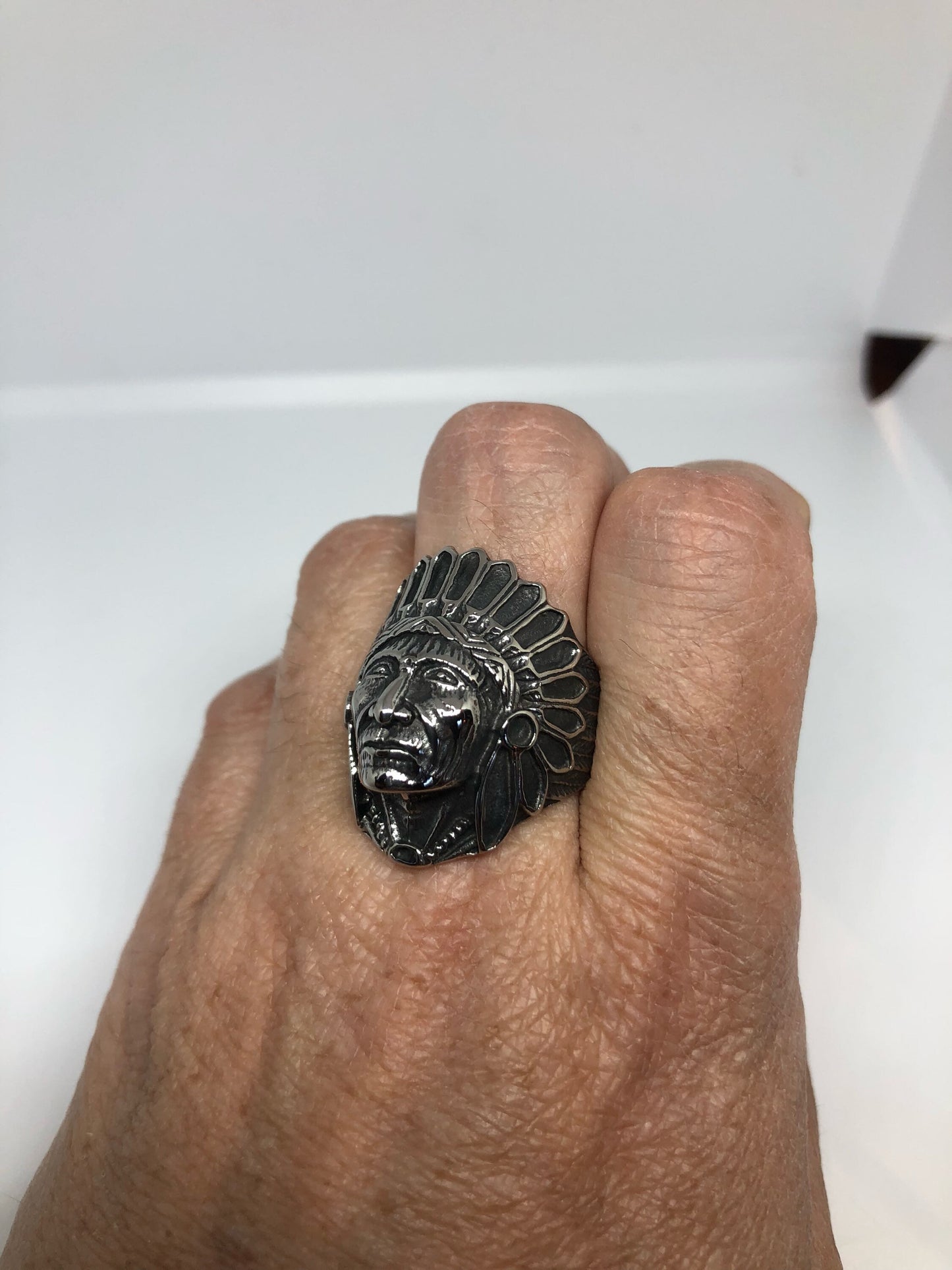 Vintage Native American Chief Silver Stainless Steel Mens Ring