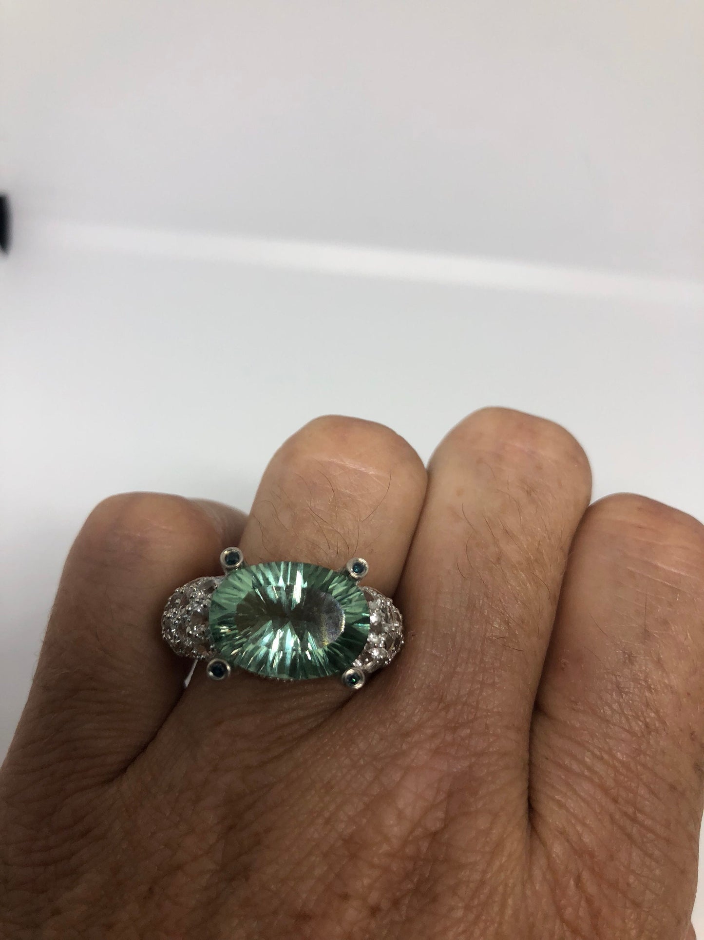 Vintage Handmade Pale Genuine Green Amethyst white sapphire 925 Sterling Silver Gothic Ring