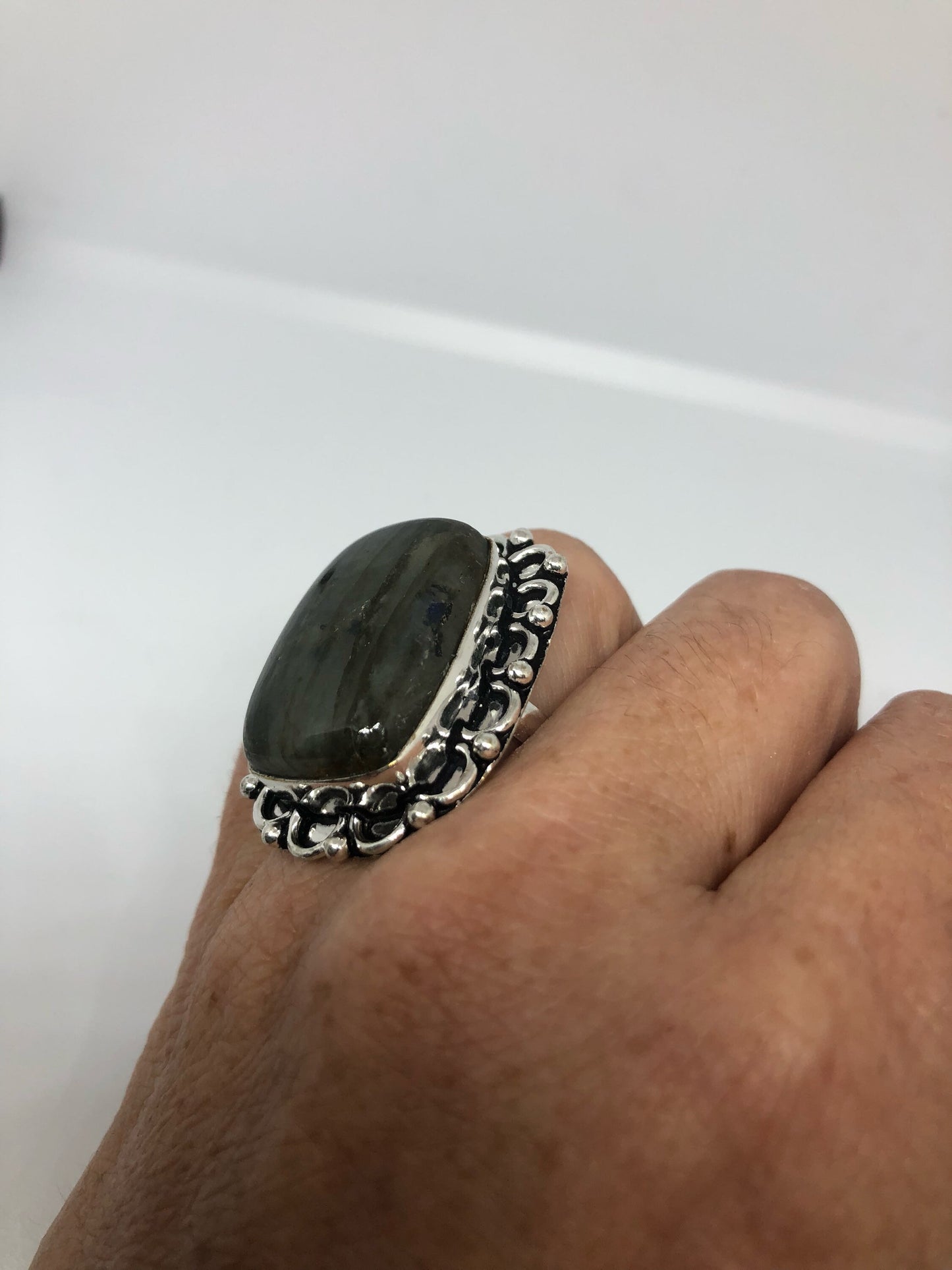 Vintage Large Labradorite Rainbow Moonstone Stone Silver Ring