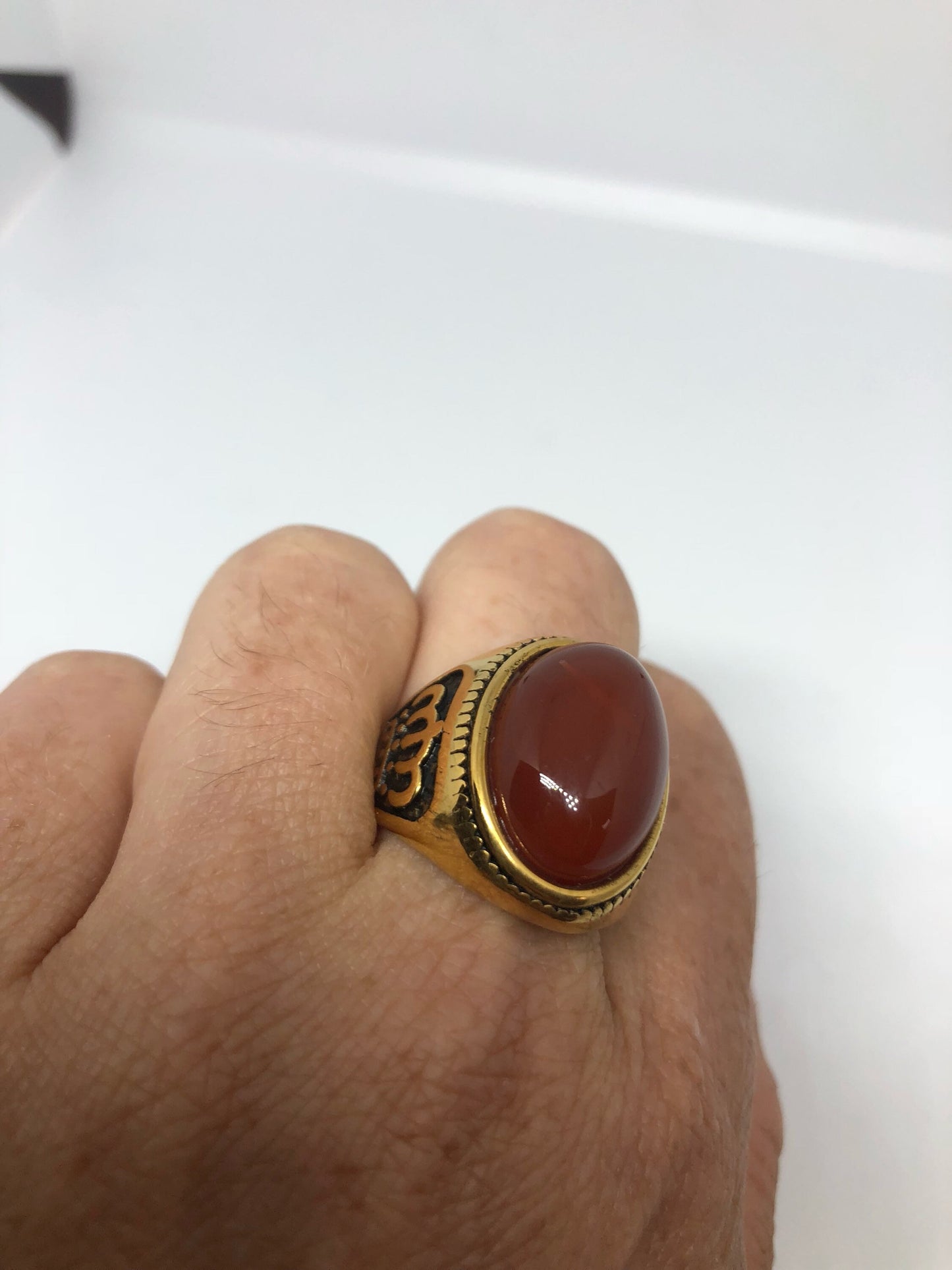 Vintage Gothic Crown Gold Finished Genuine Red Carnelian Men's Ring