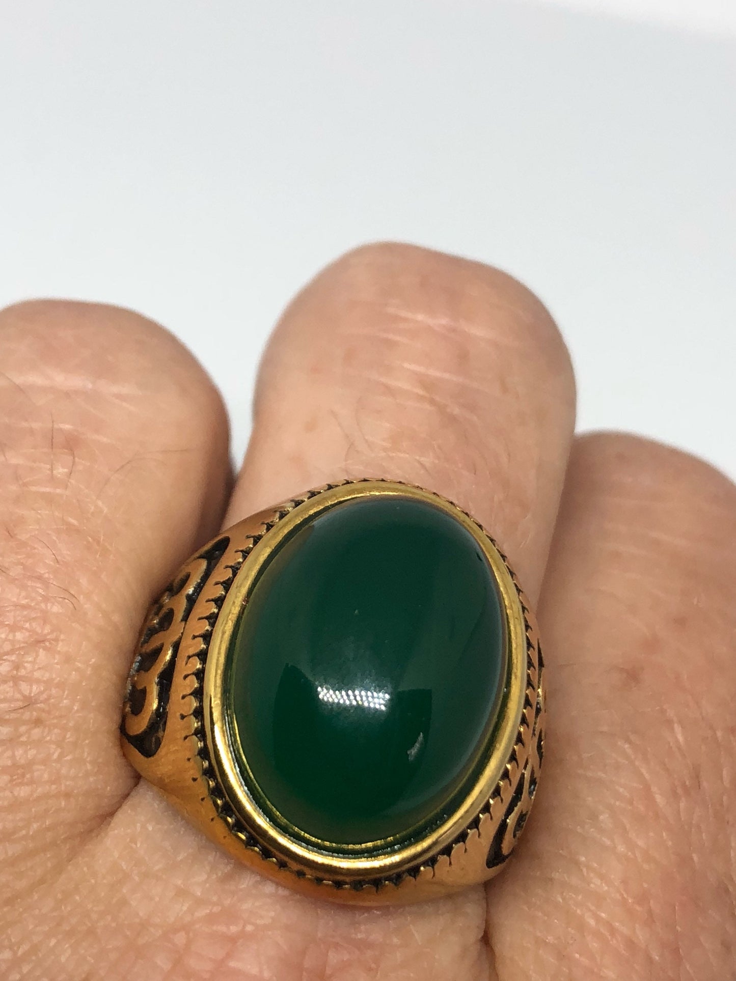 Vintage Gothic Gold Finished Genuine Green Chrysopraise Mens Ring