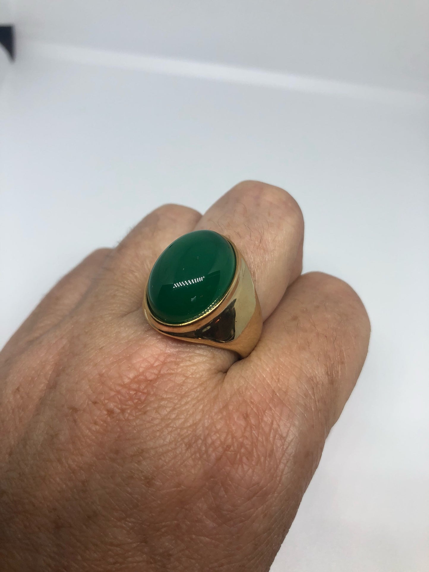 Vintage Gothic Gold Finished Genuine Green Chrysopraise Mens Ring