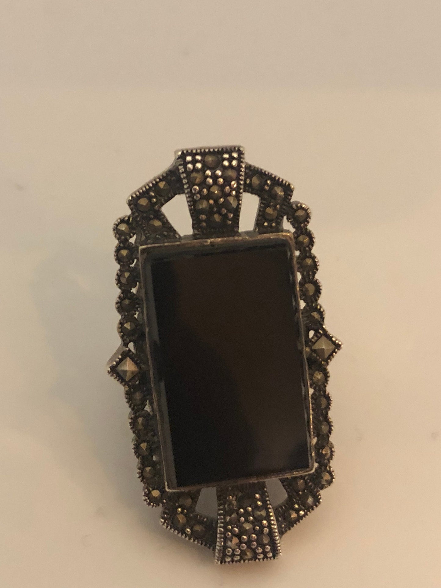Vintage Genuine Black Onyx Silver Marcasite Ring
