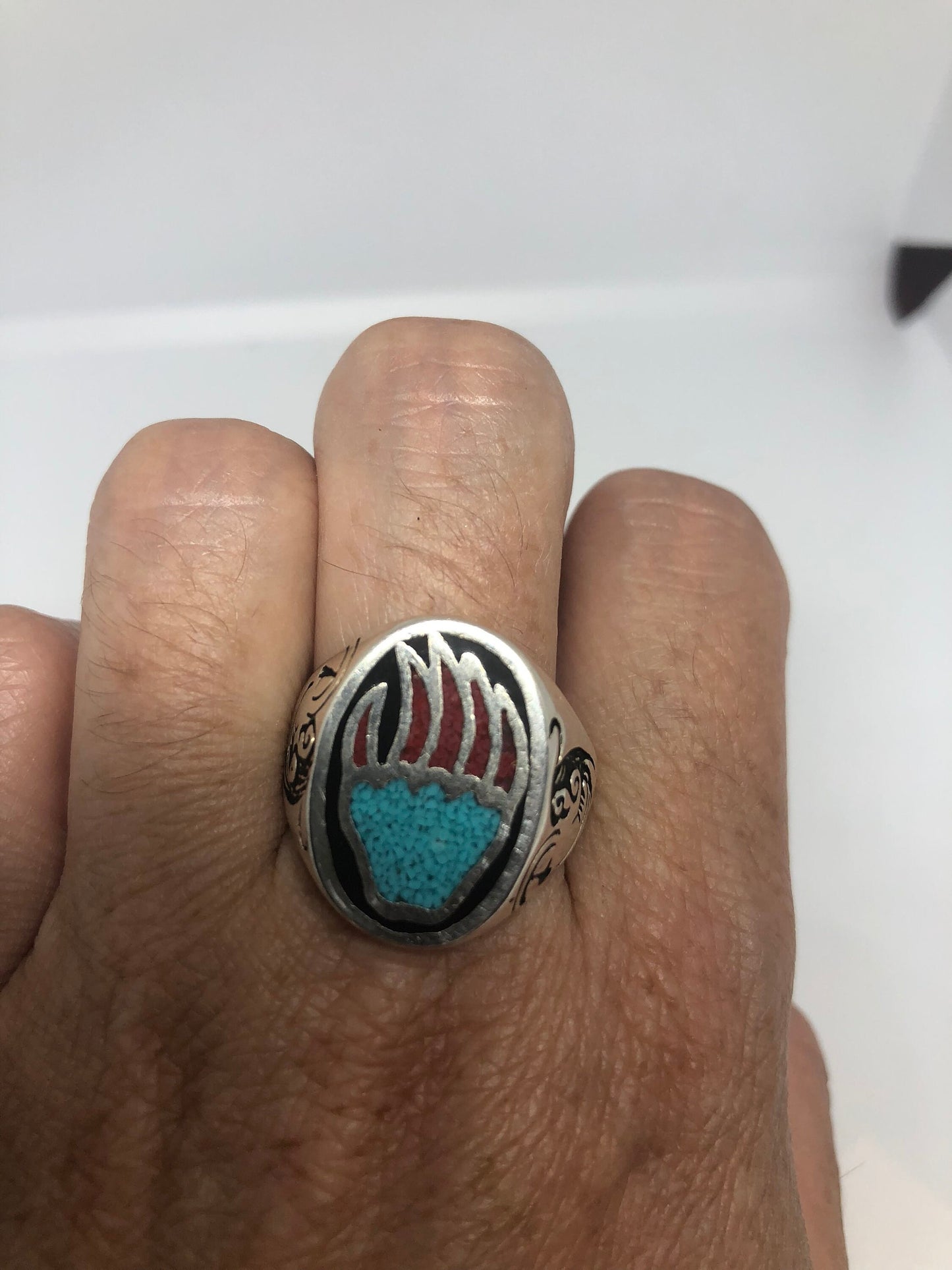 Vintage Native American Southwestern Style Turquoise Stone Inlay Mens Bear Paw Ring
