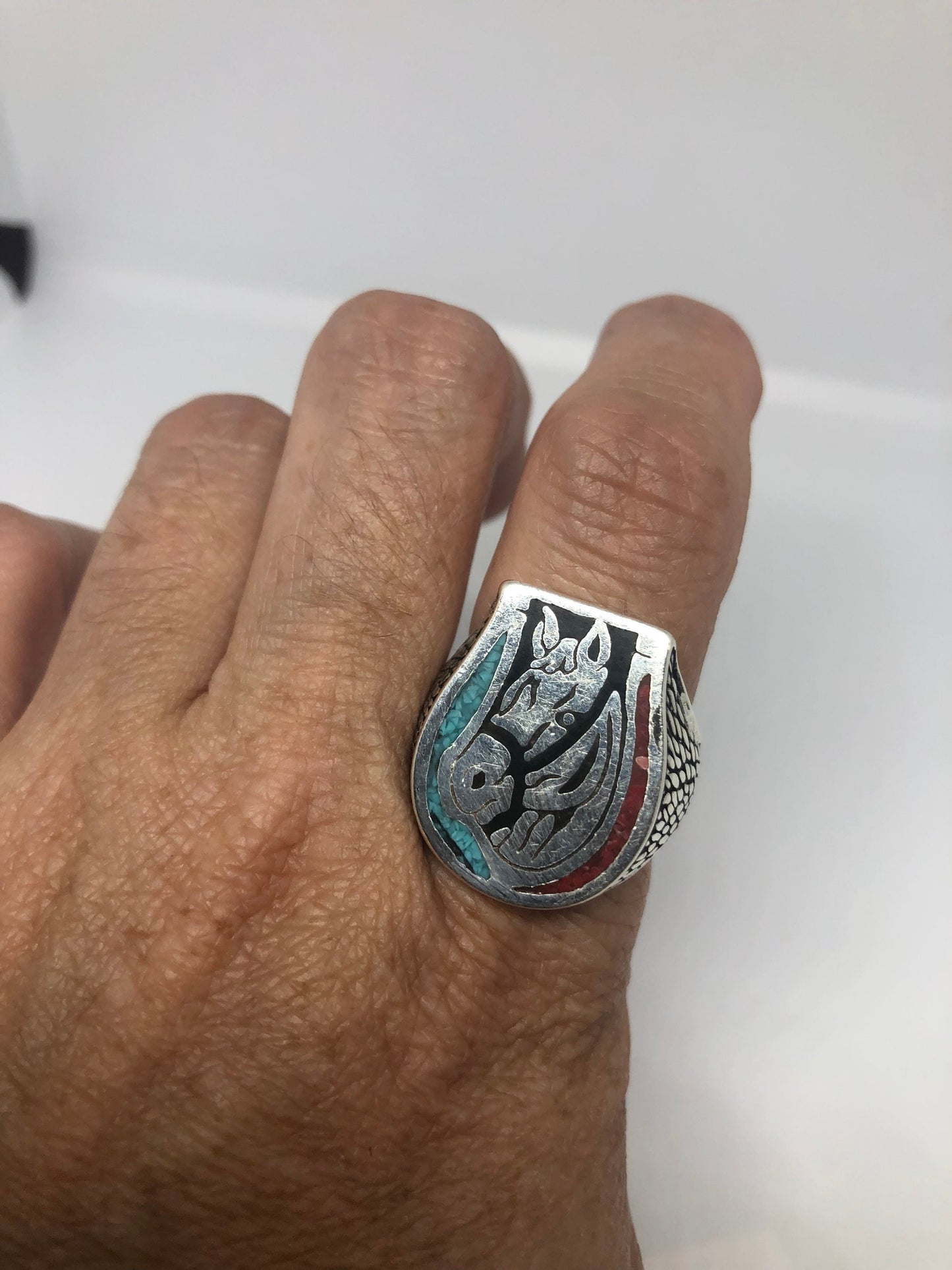 Vintage Native American Style Southwestern Turquoise Stone Inlay Horse Shoe Mens Ring