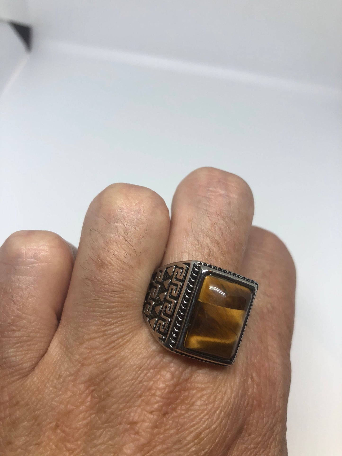 Vintage Gothic Silver Stainless Steel Genuine Tigers Eye Ring