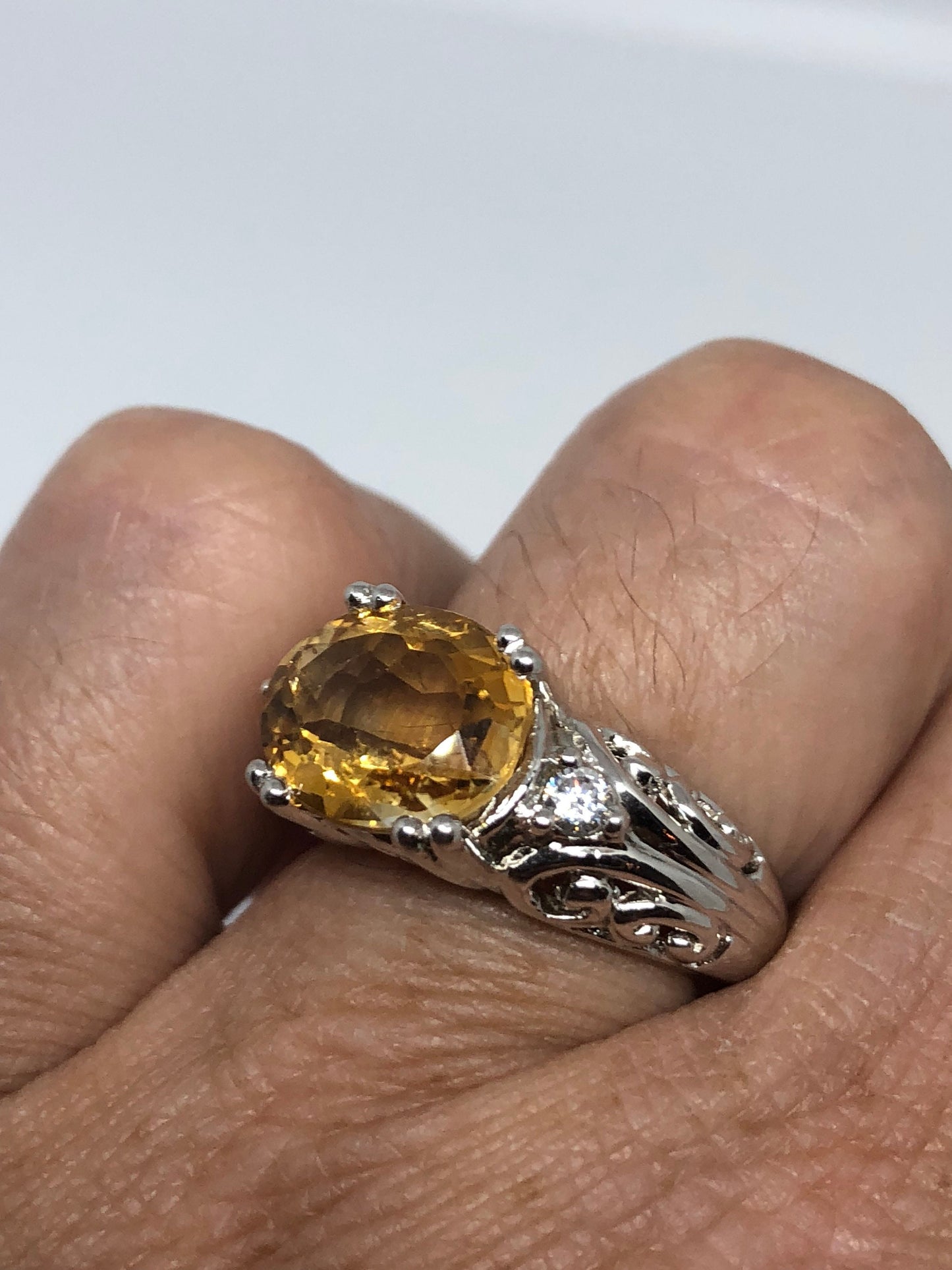 Vintage Handmade Golden Genuine Citrine 925 Sterling Silver Gothic Ring