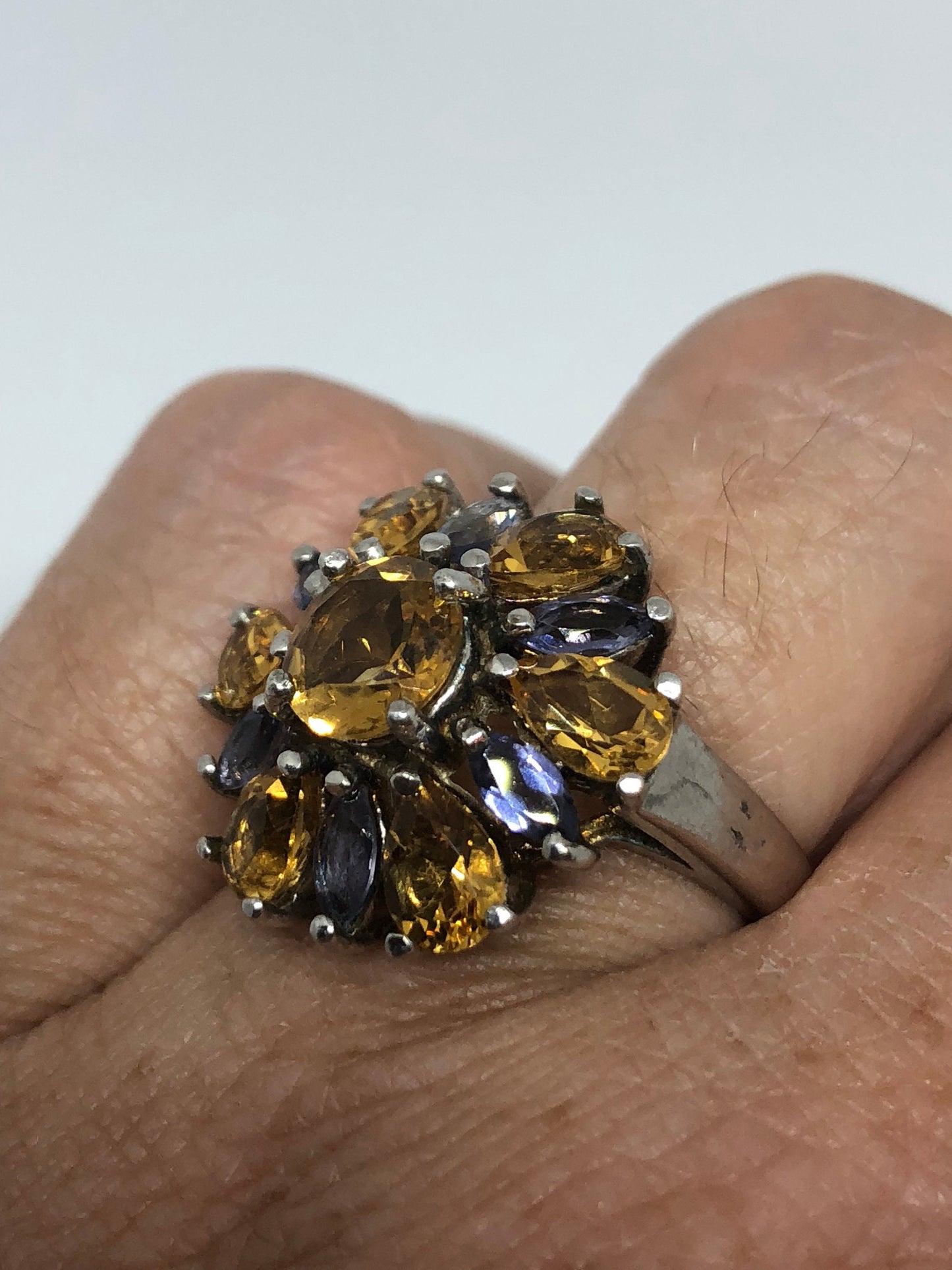 Vintage Handmade Golden Genuine Citrine and Tanzanite 925 Sterling Silver Gothic Ring