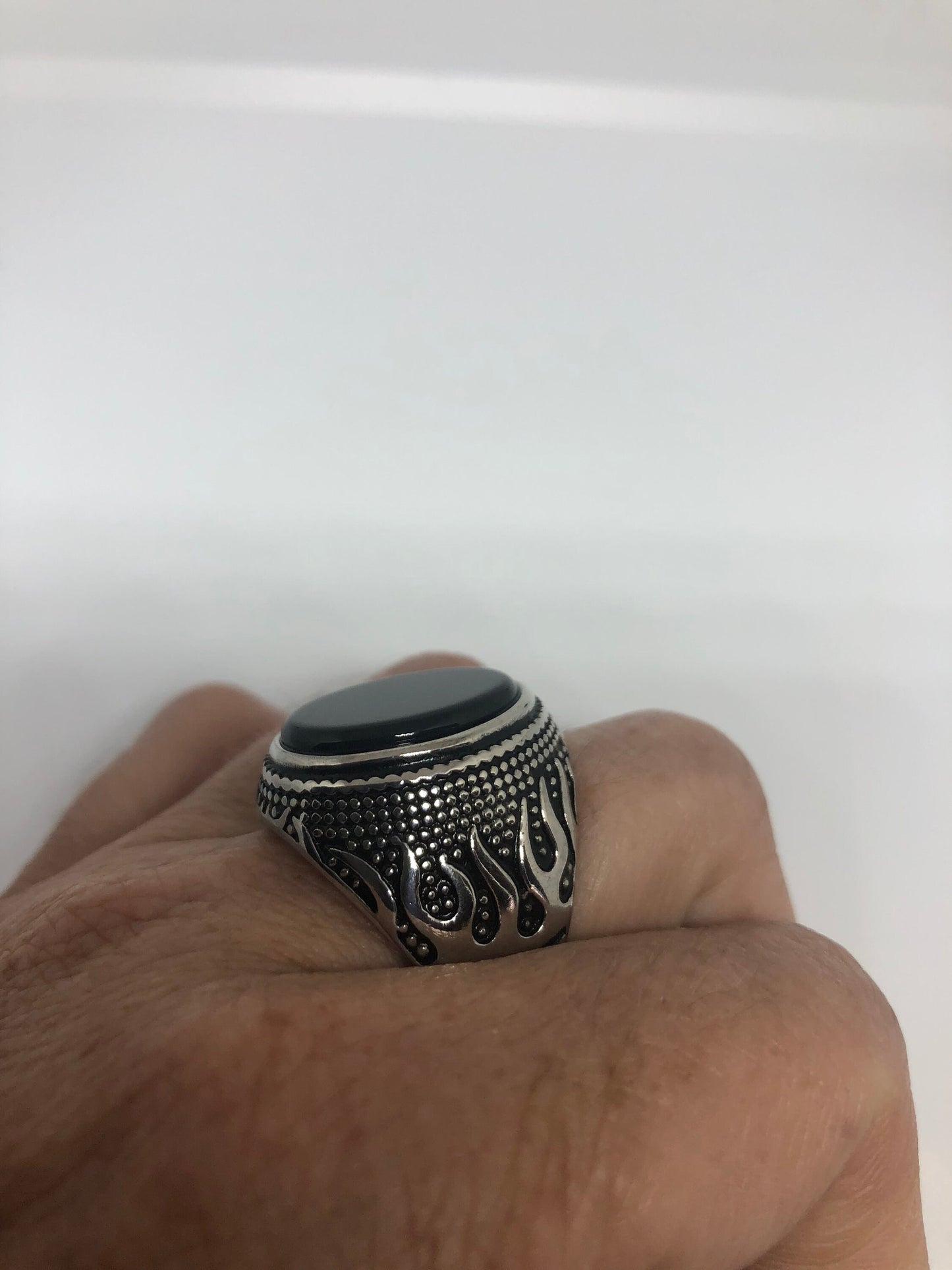Vintage Gothic Black Onyx Stainless Steel Flame Mens Ring