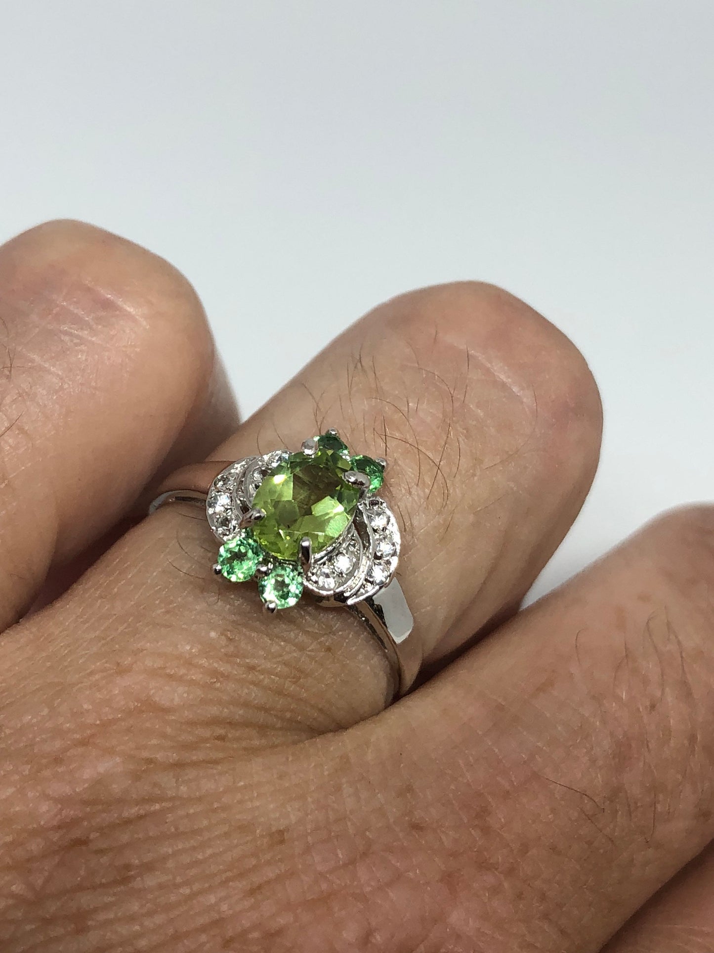 Vintage Handmade Genuine Green Peridot Filigree Setting 925 Sterling Silver Gothic Ring