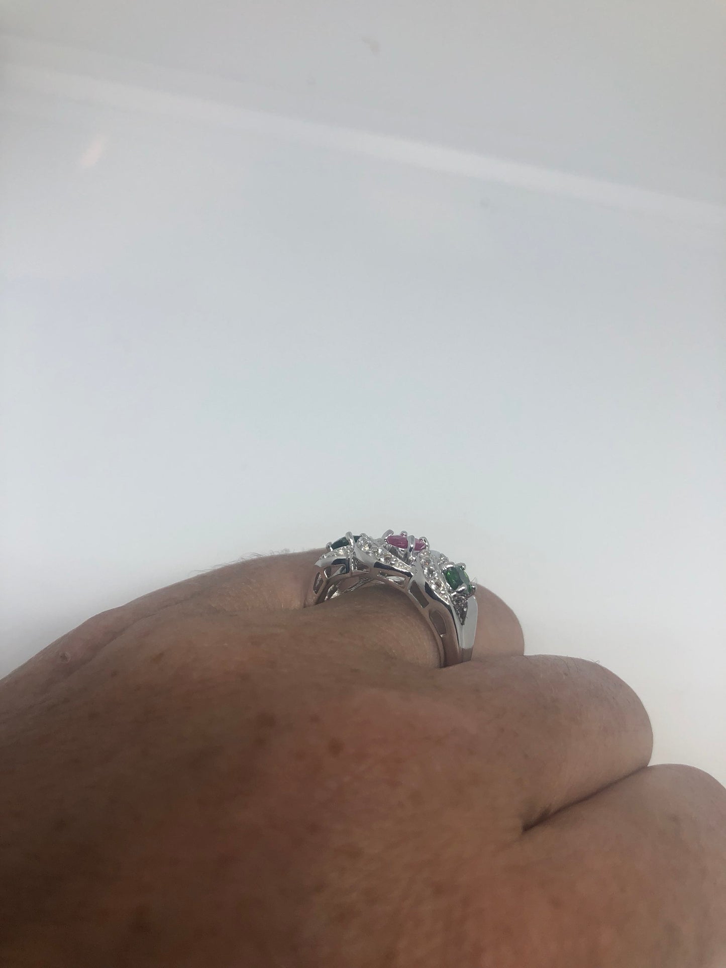 Vintage Handmade Genuine Mixed Tourmaline Golden 925 Sterling Silver Ring