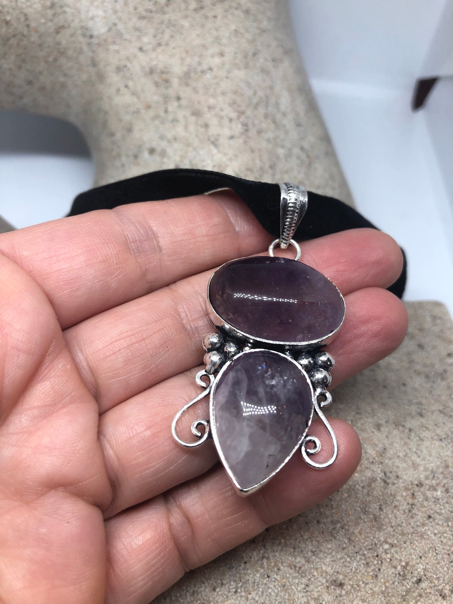 Bohemian Cabochon Cut Droplet Deep Purple Genuine Amethyst Necklace