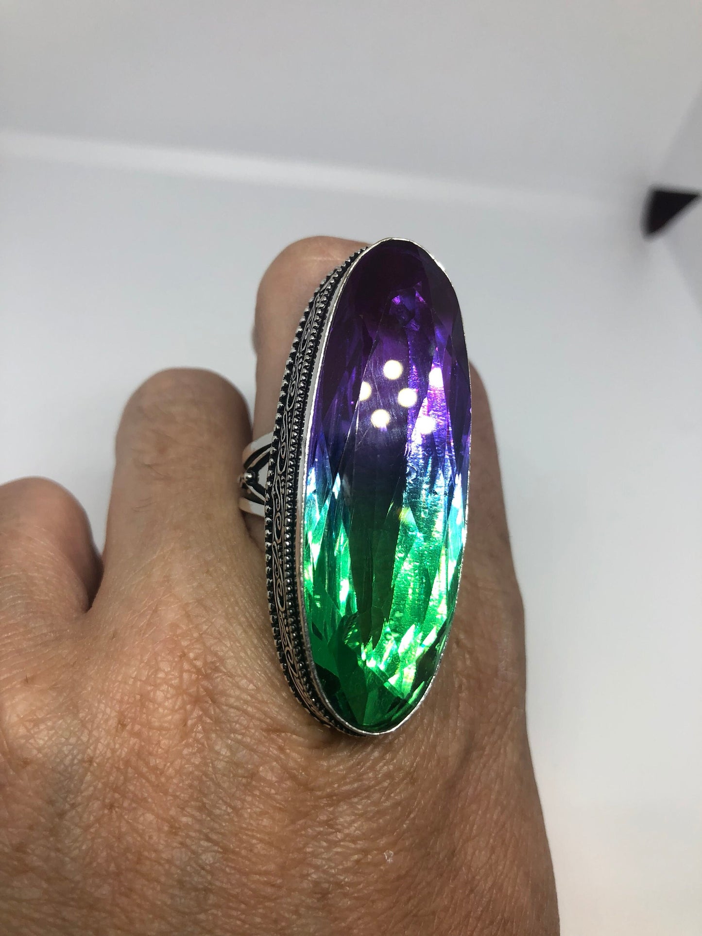 Vintage Ornate German Silver Art Glass Ring, Size 9