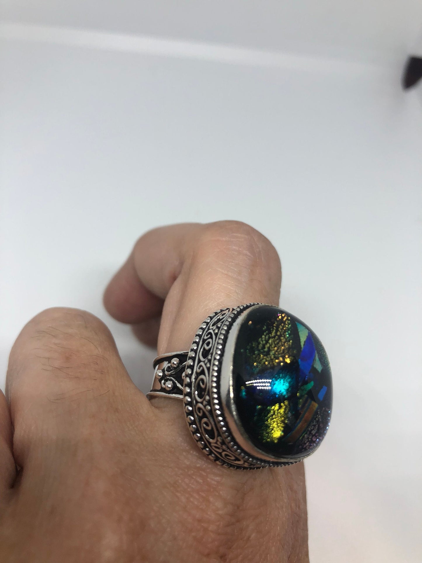 Vintage Art Glass Ring, Ornate German Silver Size 8
