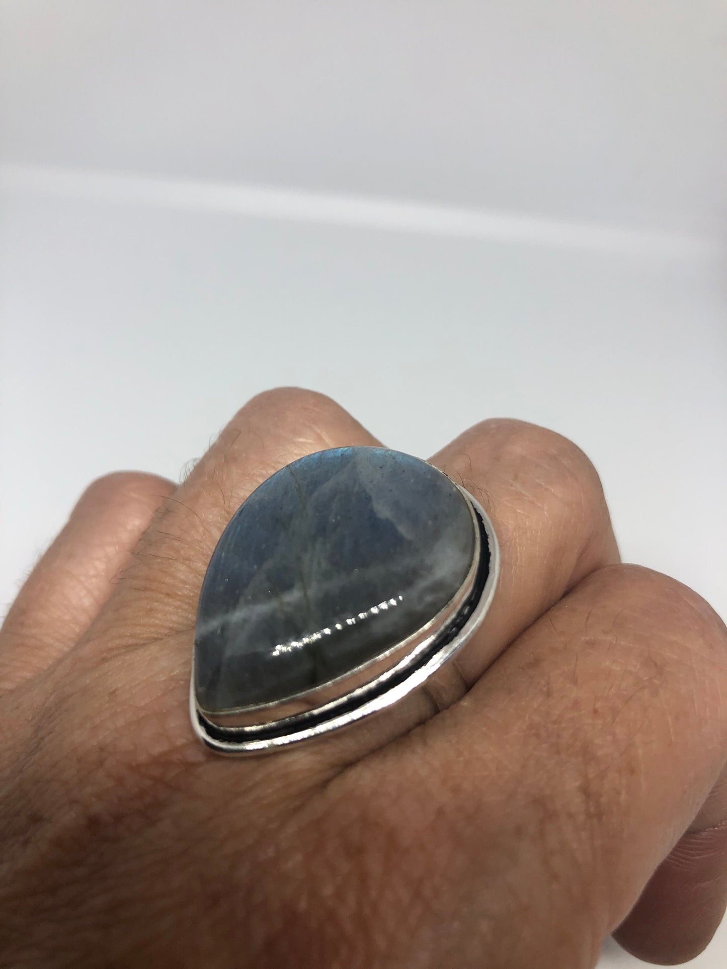 Vintage Large Blue Green Labradorite Silver Chunky Statement Cocktal Ring